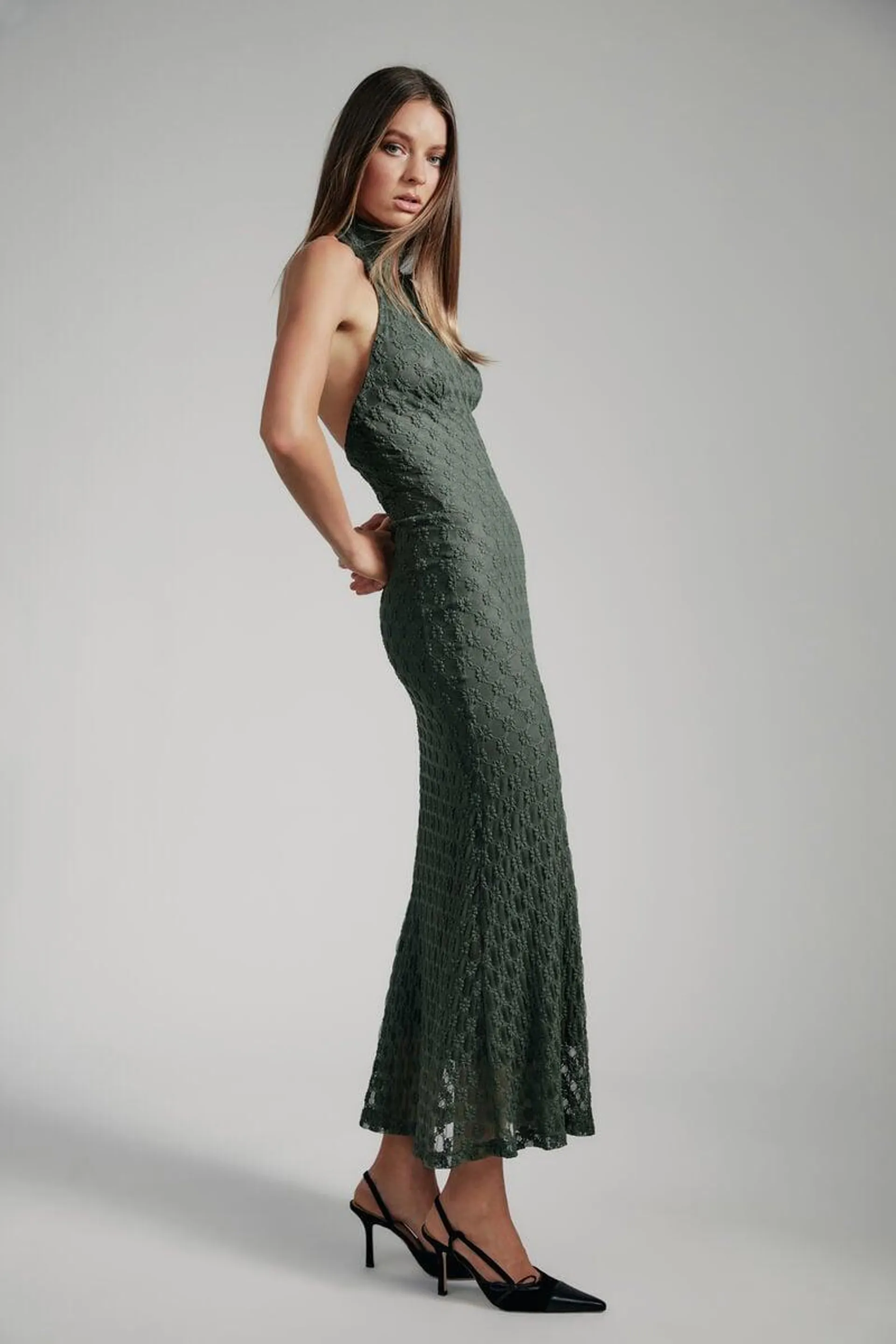 adoni ola lace maxi dress in khaki