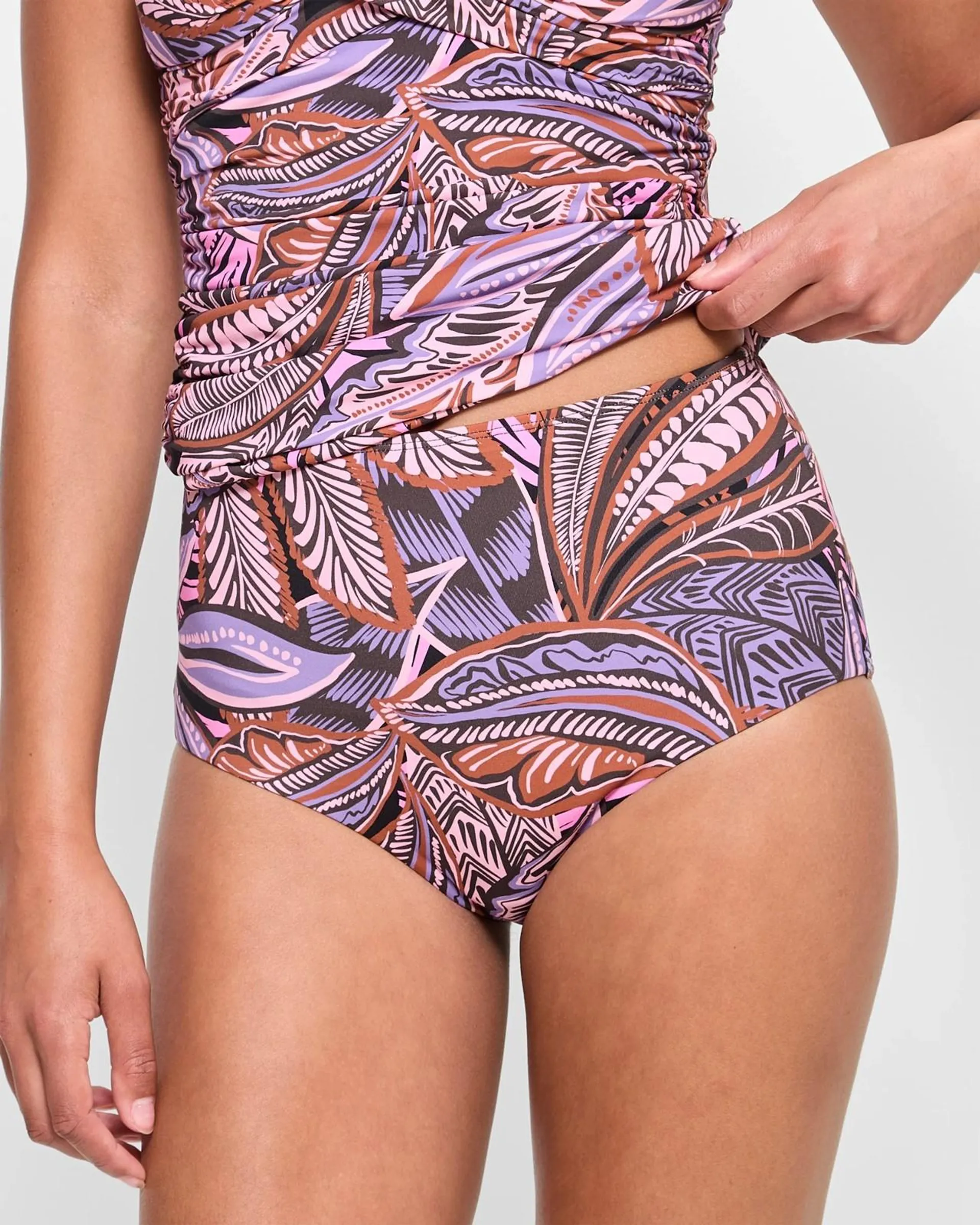 Resort High Waisted Swim Bikini Bottoms - Shape Your Body - Tribal Leaves