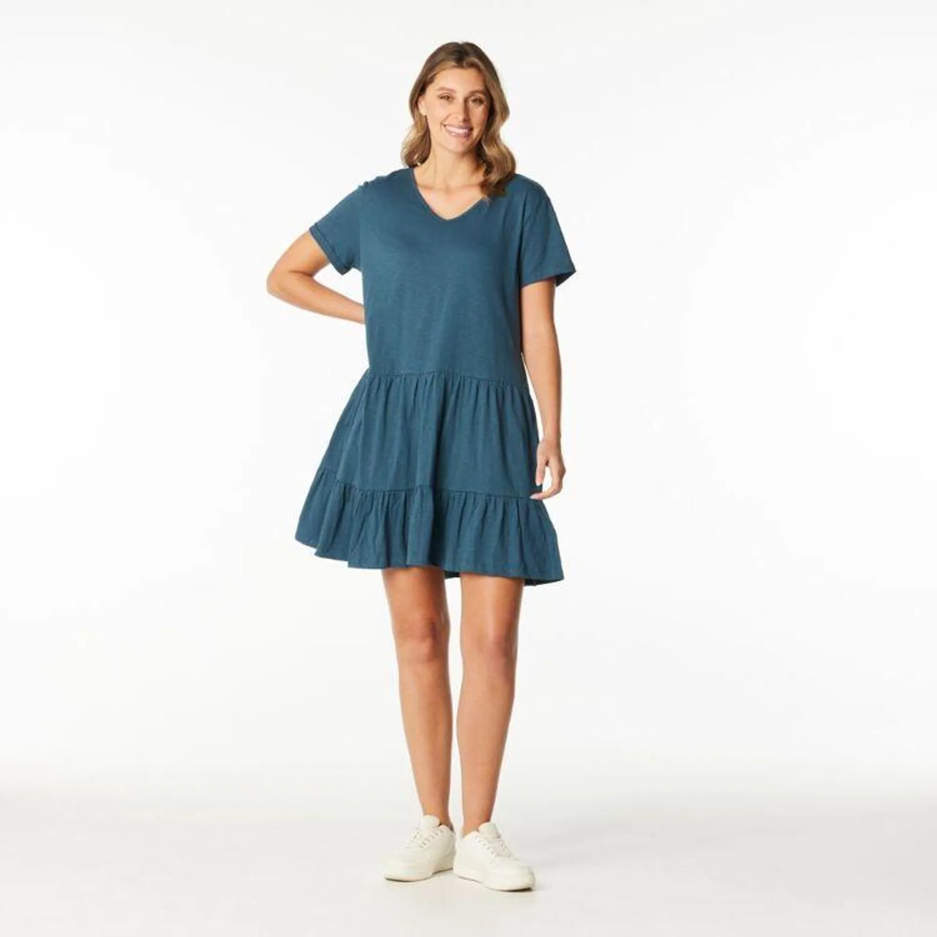 Khoko Collection Women's Slub Tee Shirt Dress with Tier Petrol