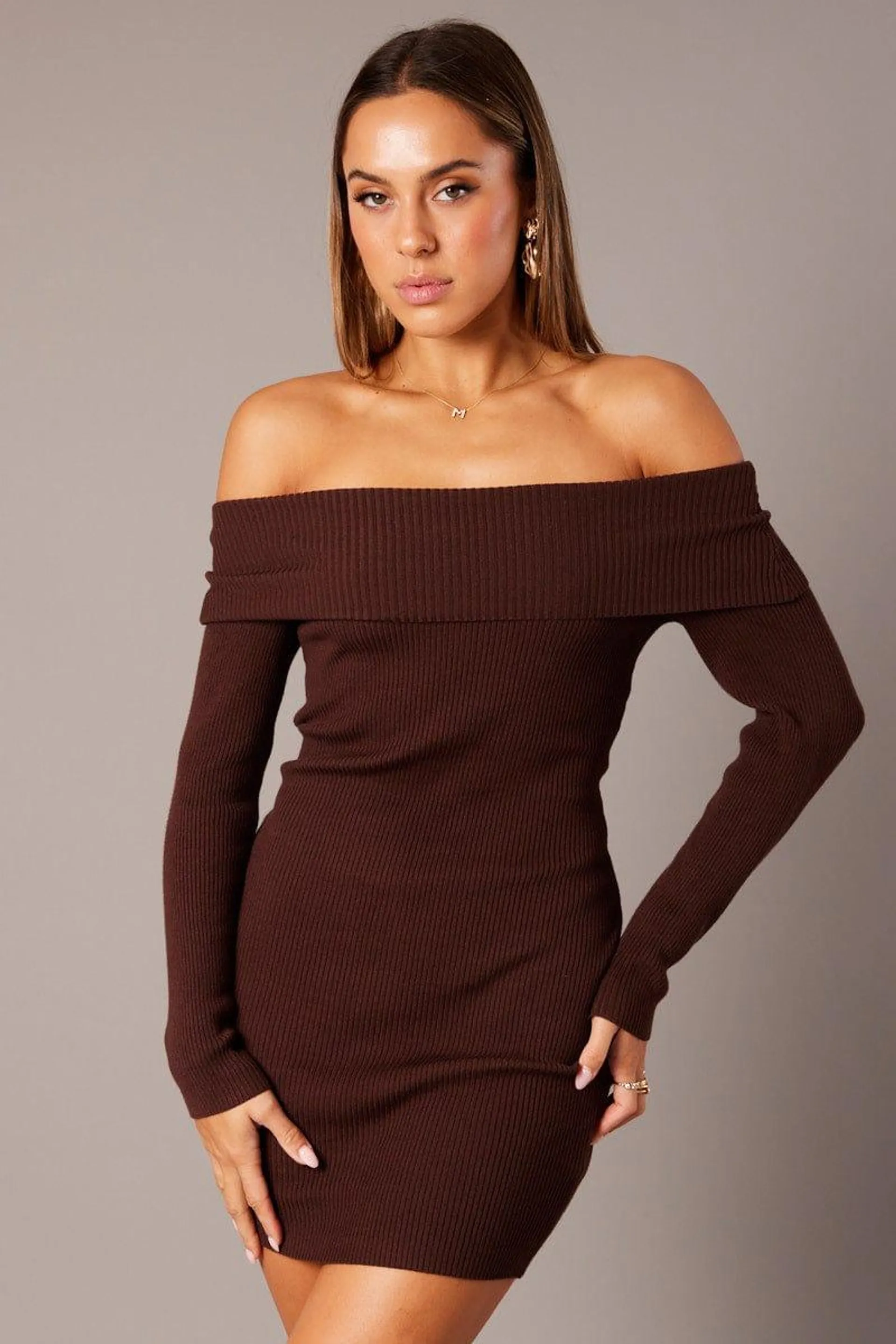 Brown Knit Dress Long Sleeve Mini