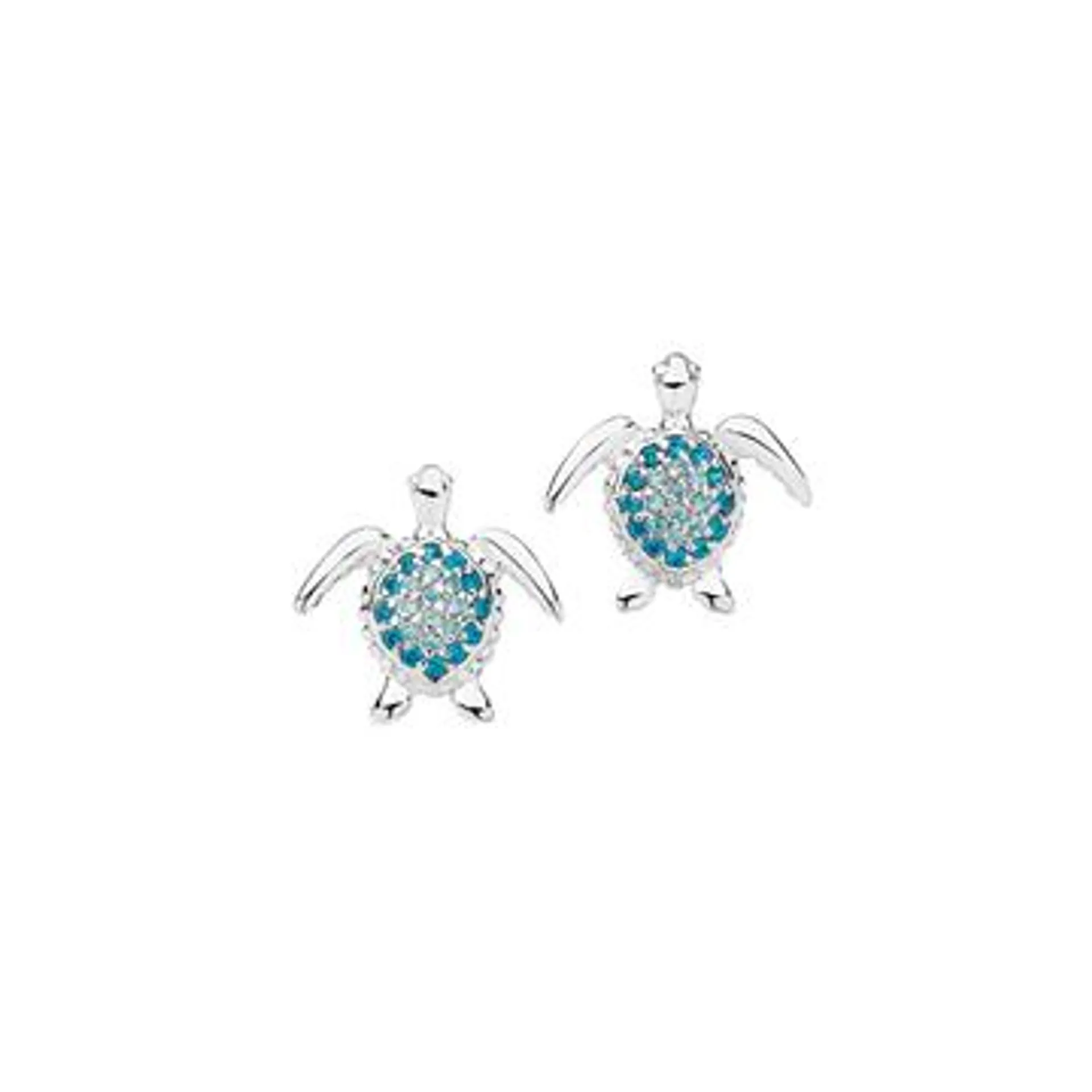 Silver Blue & White CZ Pave Turtle Stud Earrings