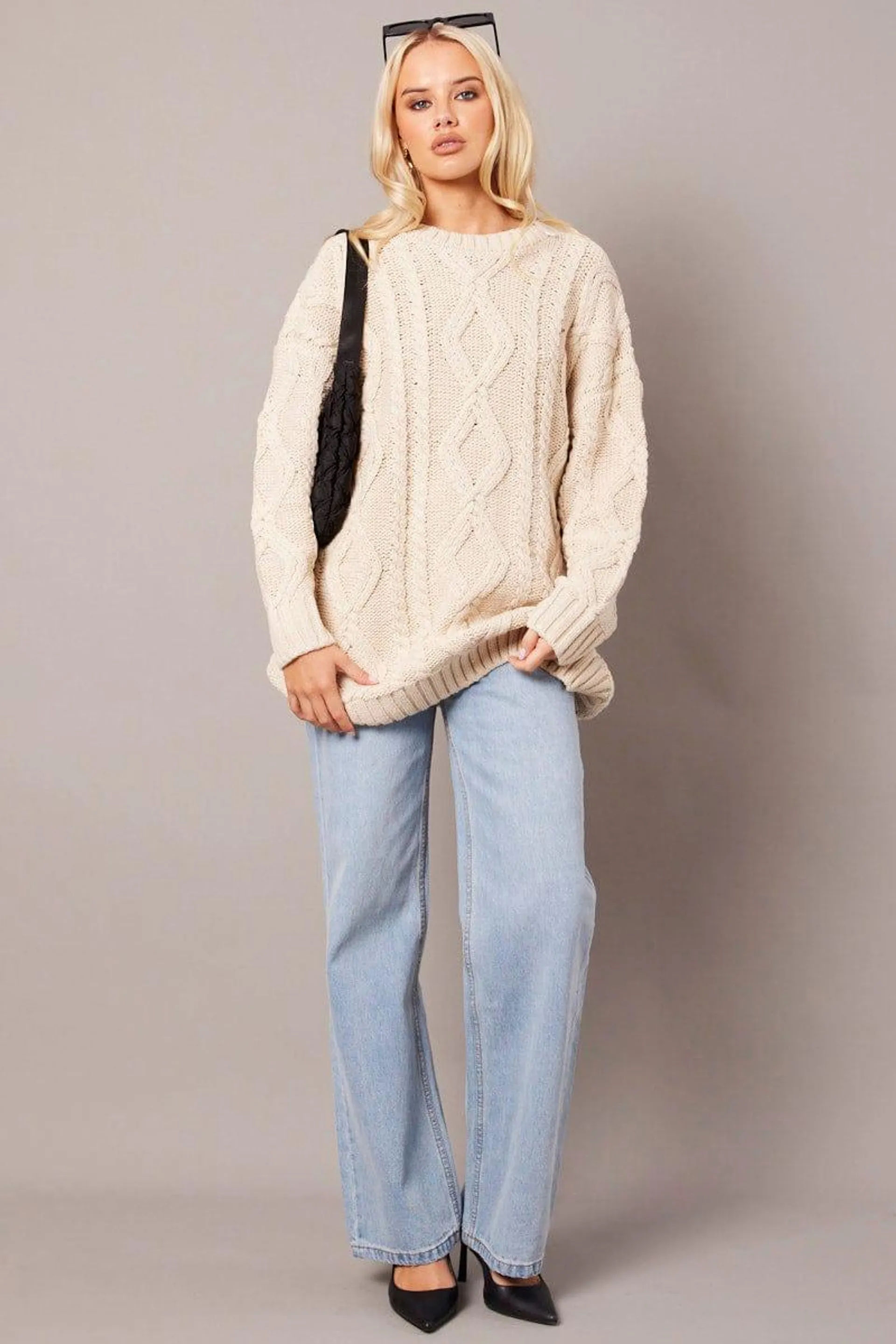 Beige Cable Knit Top Long Sleeve Longline