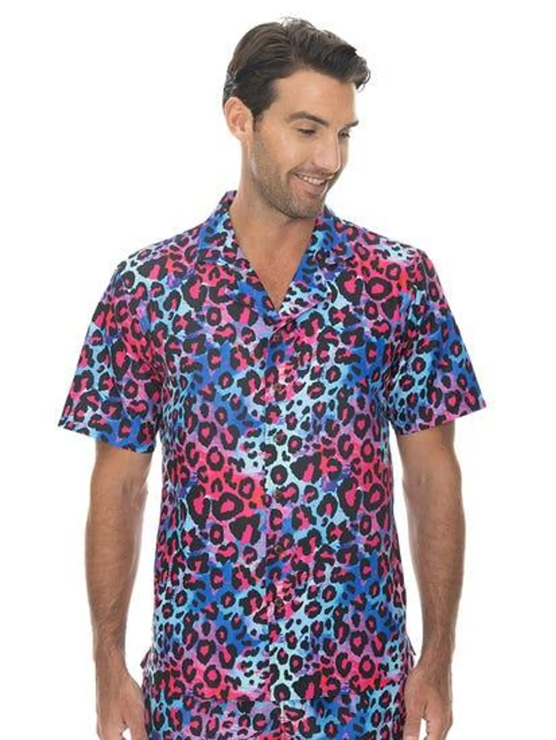 Mens Matchy Party Shirt Short Sleeve Neon Leopard Print