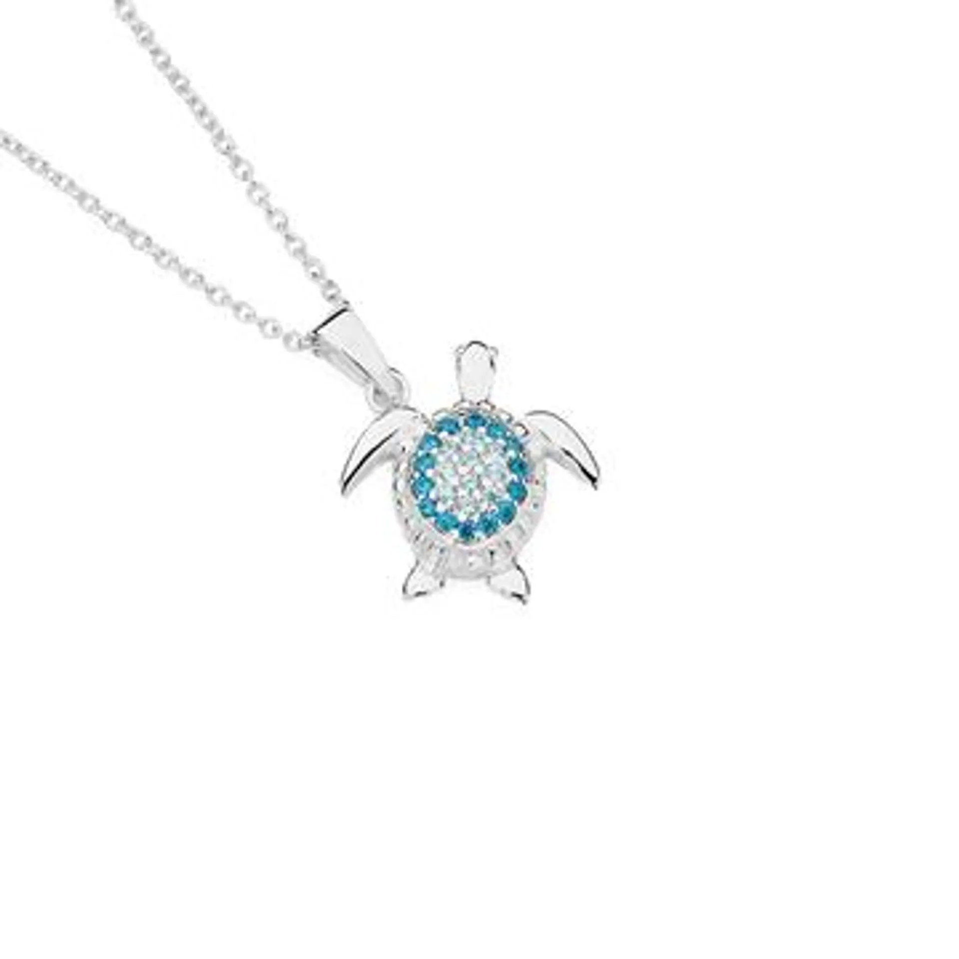 Silver Blue & White CZ Pave Turtle Pendant