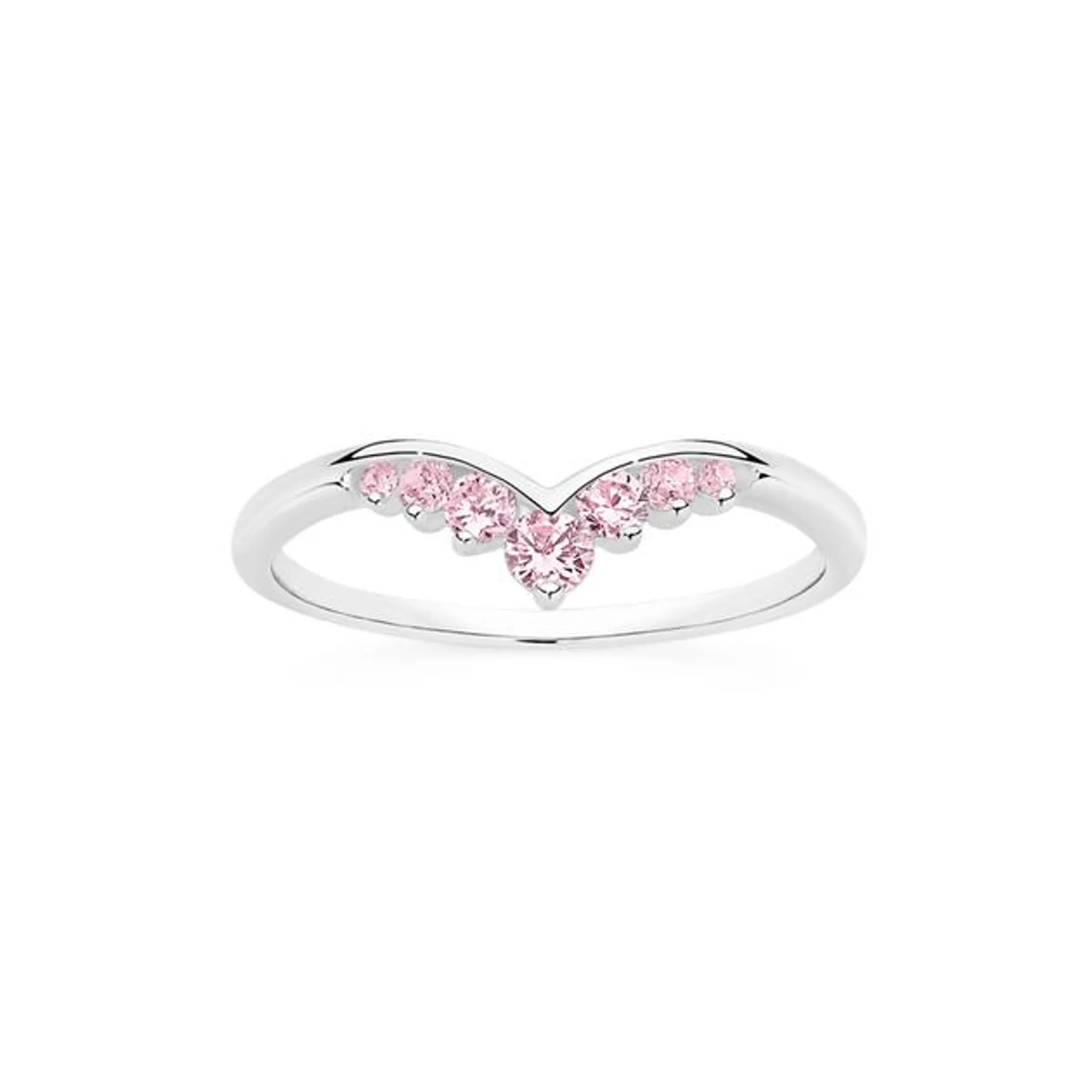 Silver Pink CZ Tiara Style V Ring