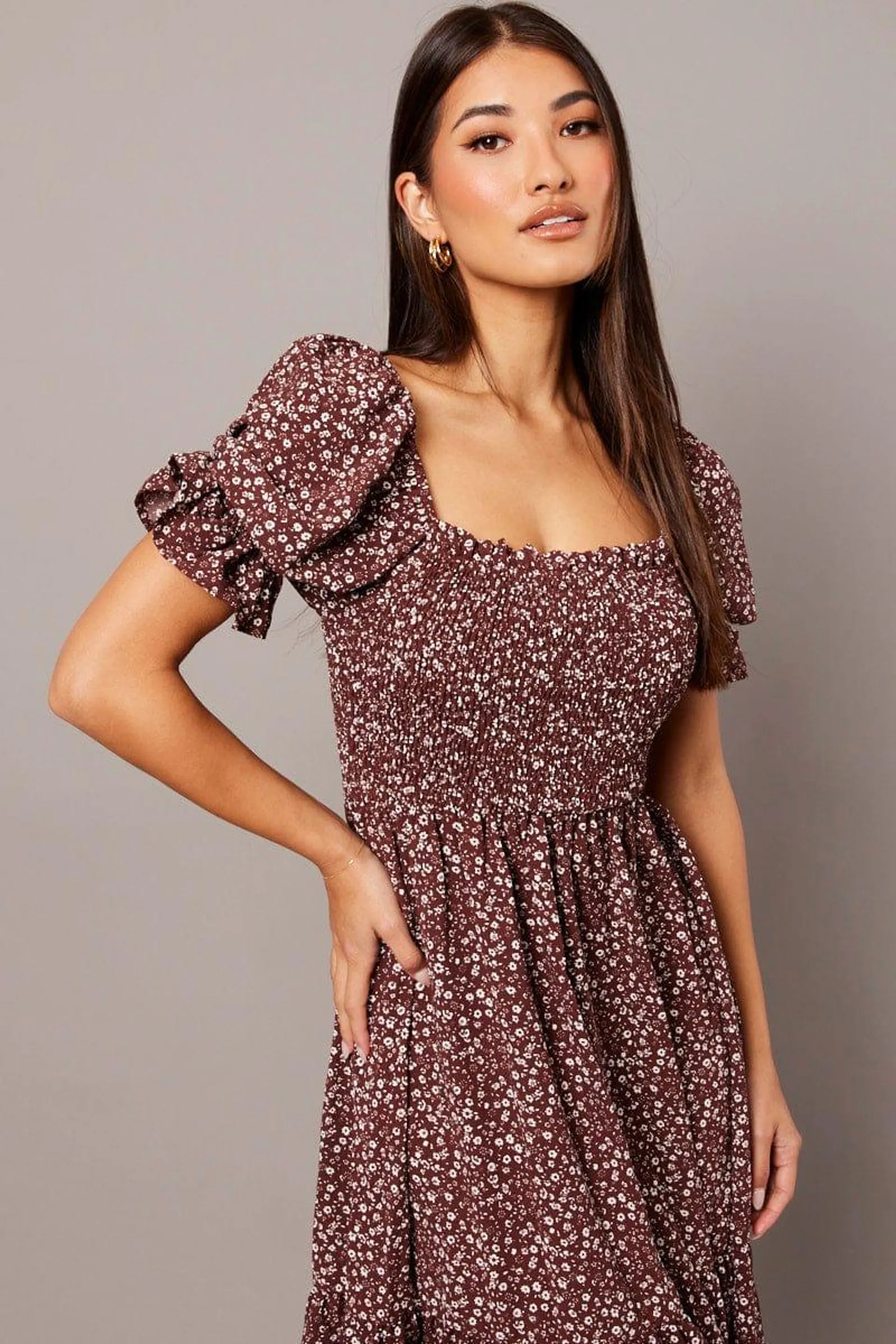 Brown Ditsy Maxi Dress Puff Sleeve