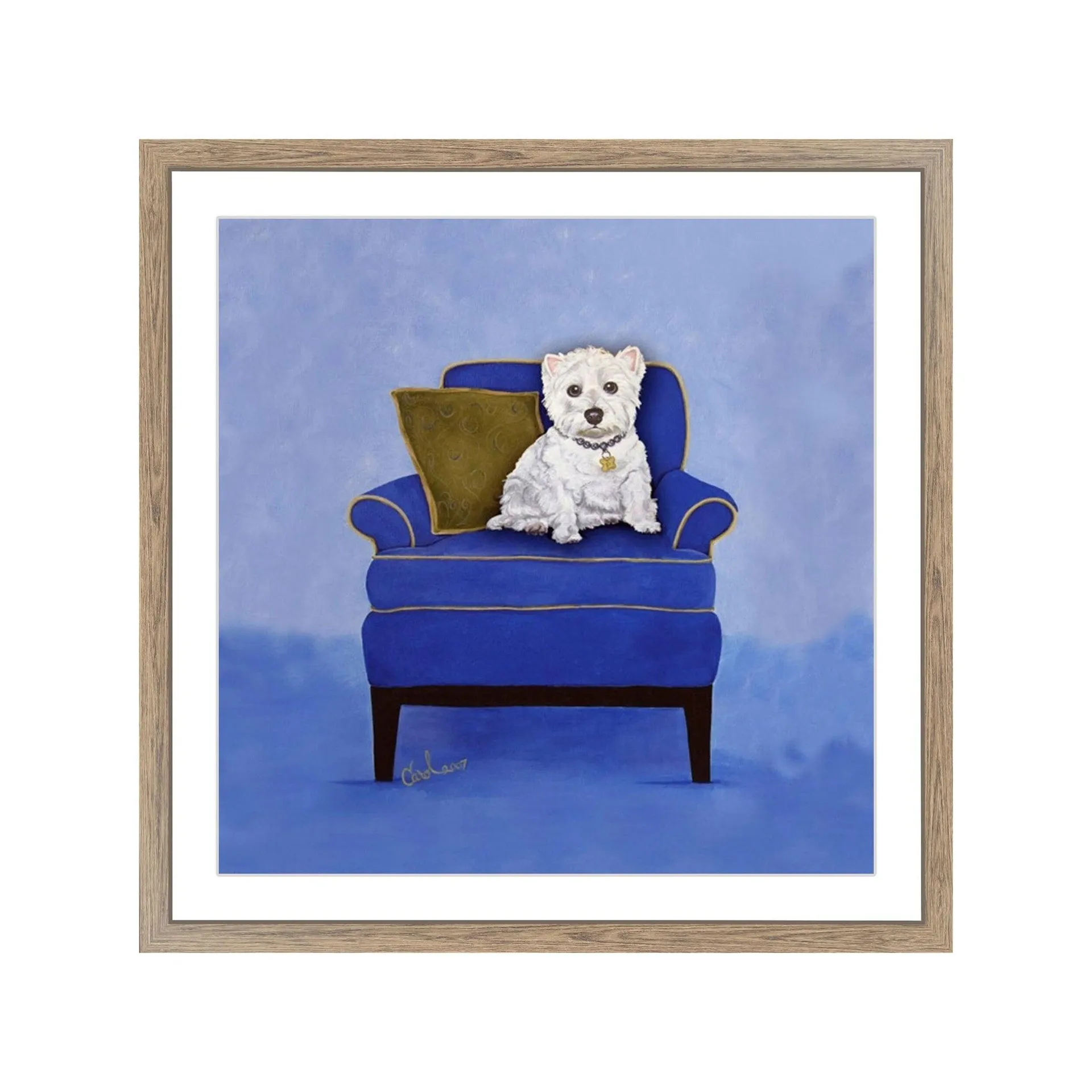 Westie on Blue Framed Print 40x40cm