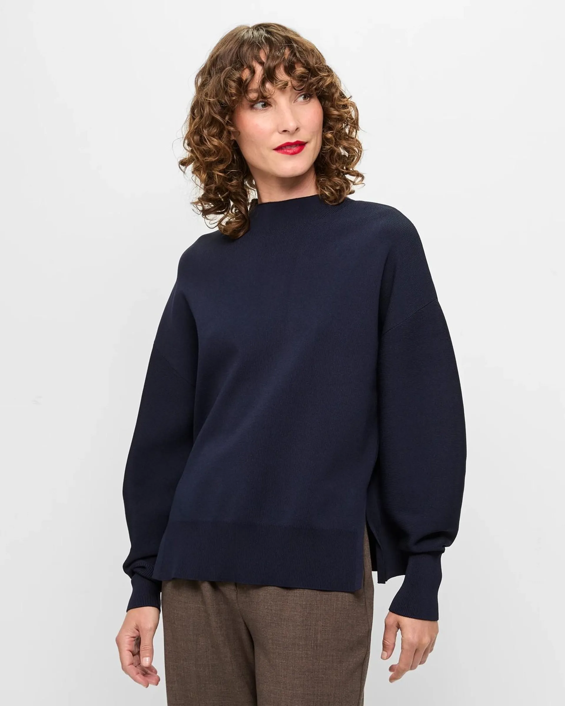 Long Sleeve Mock Neck Crepe Knit Jumper - Preview - Midnight