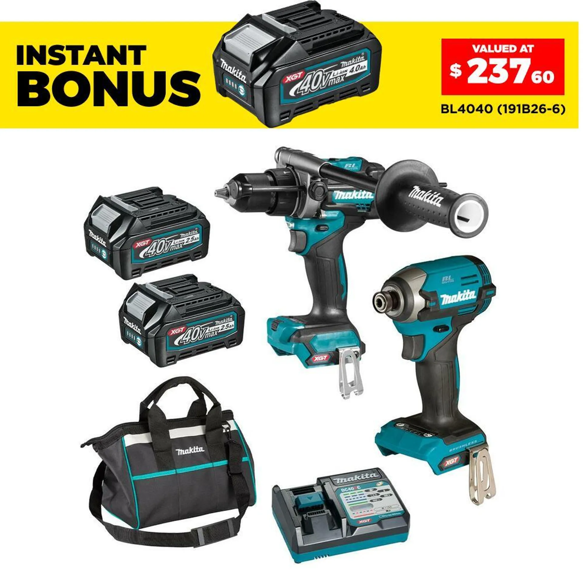 Makita DK0176G206 40V Max 2.5Ah Li-ion Cordless Brushless 2pce Combo Kit