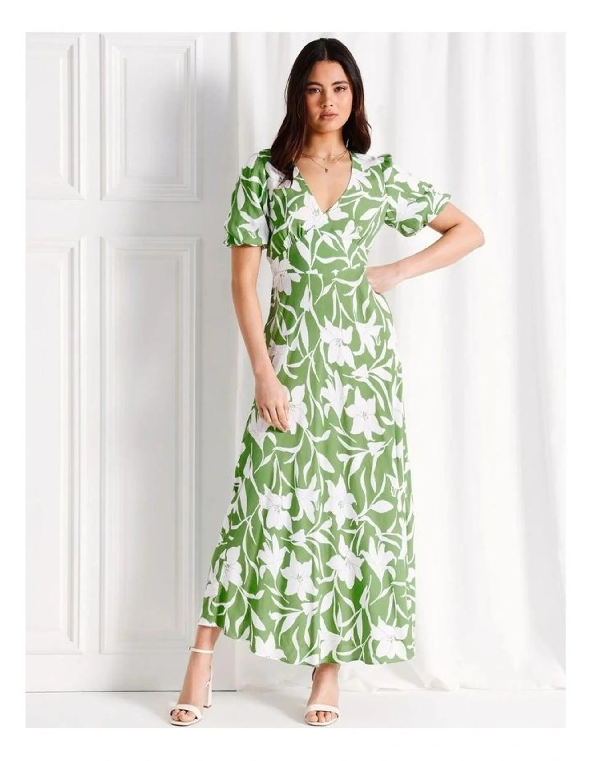 Puff Sleeve Maxi Dress in Green