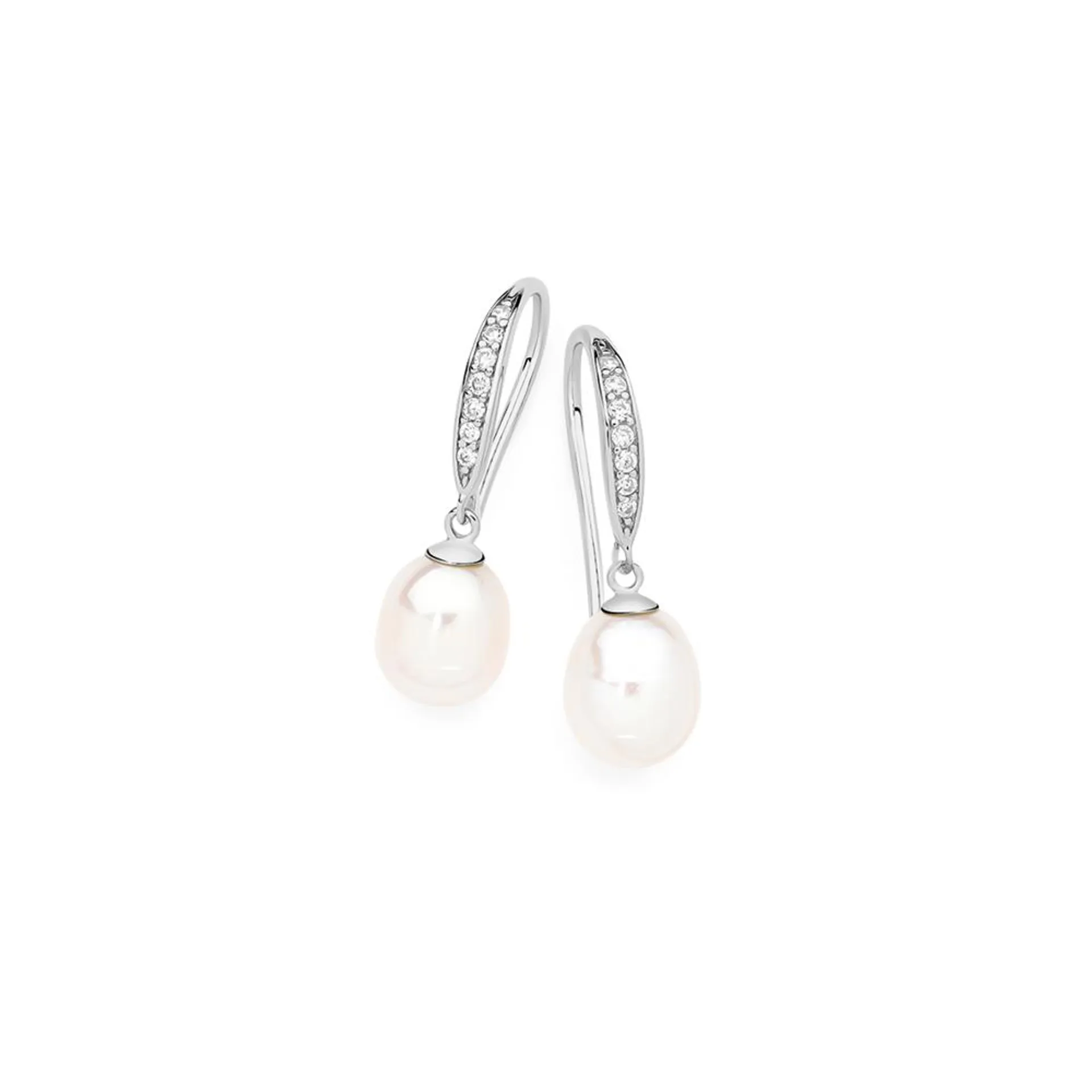 Pearl on Pave CZ Silver Hook Earrings