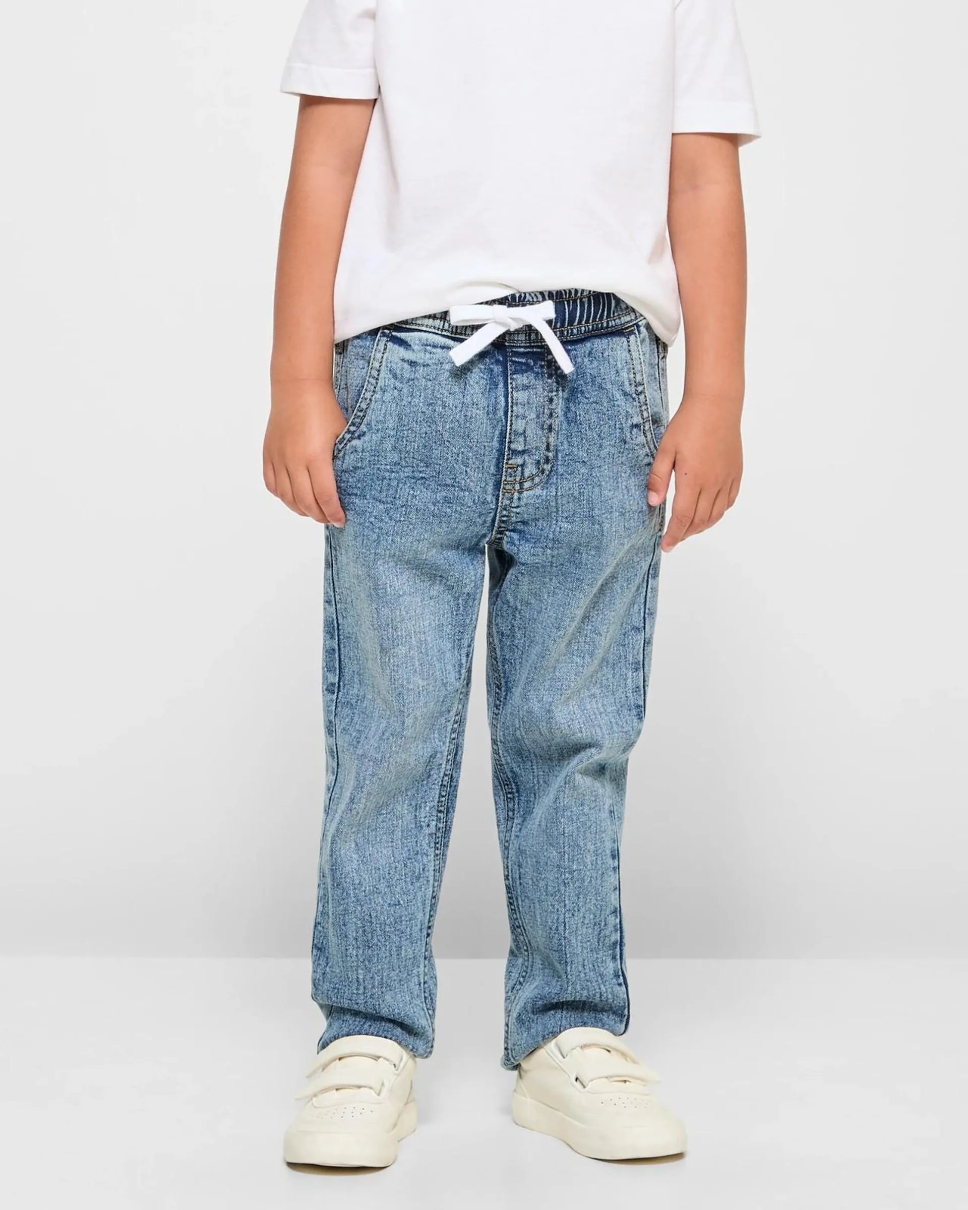 Pull On Straight Denim Jeans - Mid Wash