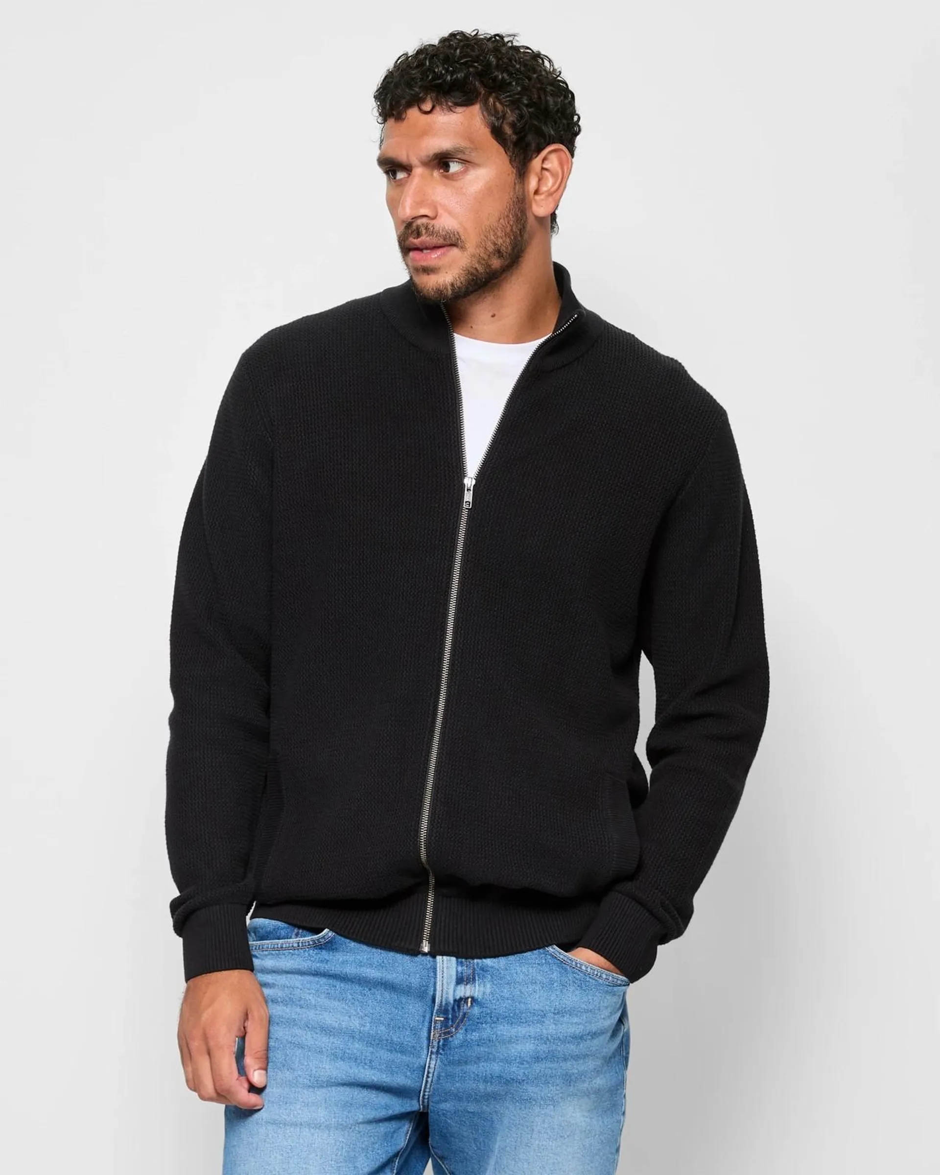 Australian Cotton Zip Through Knit Jacket - Black