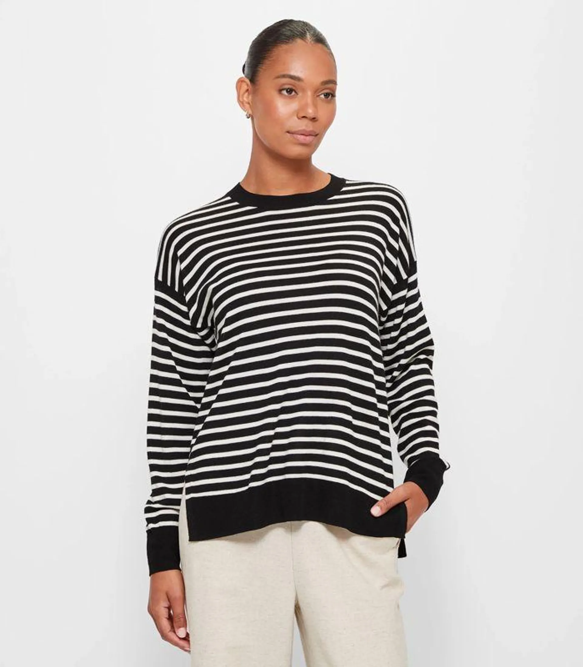 Merino Wool Crew Neck Jumper - Preview - Cream/Black Stripe