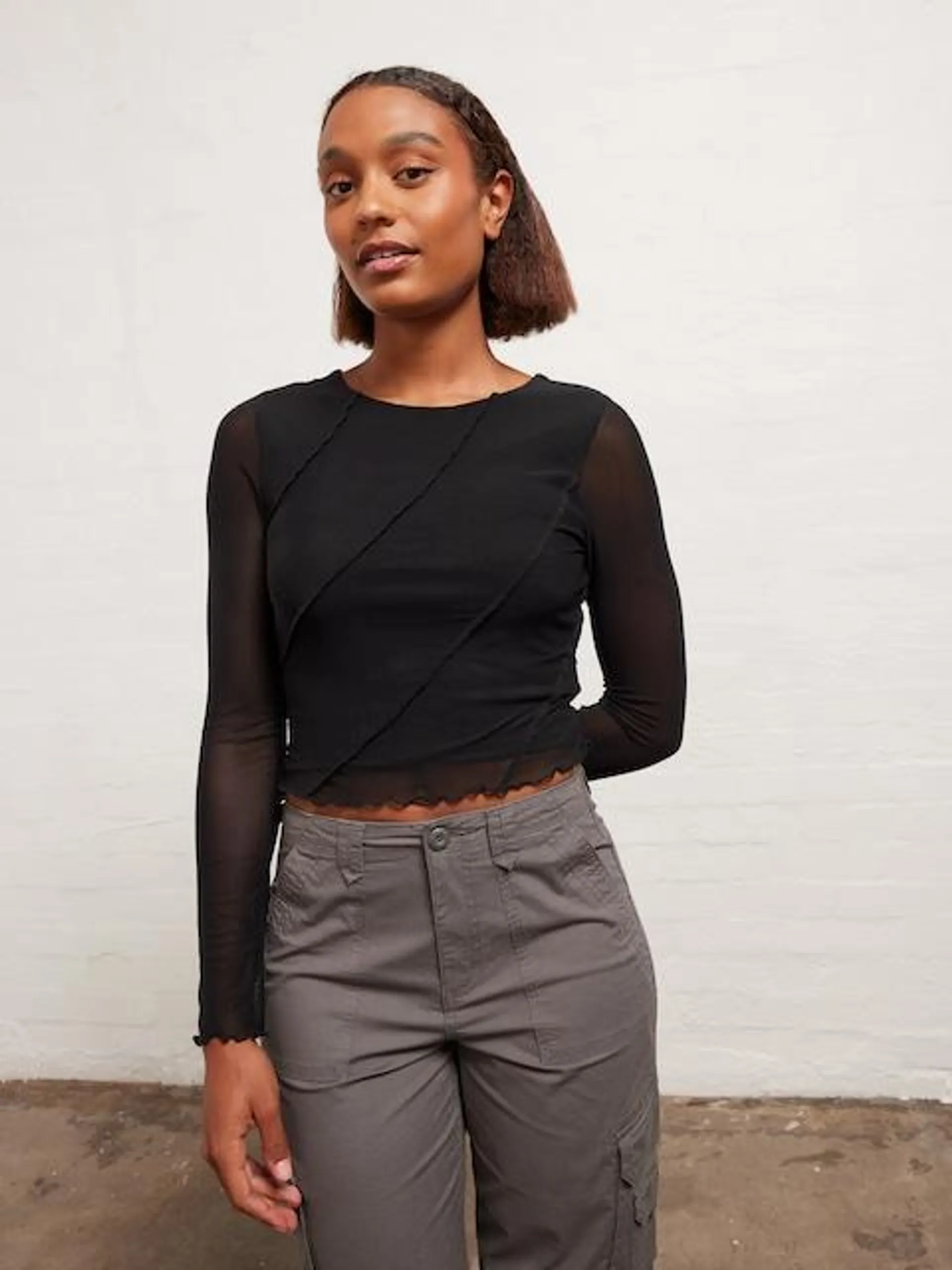 Exposed Seam Mesh Long Sleeve Top