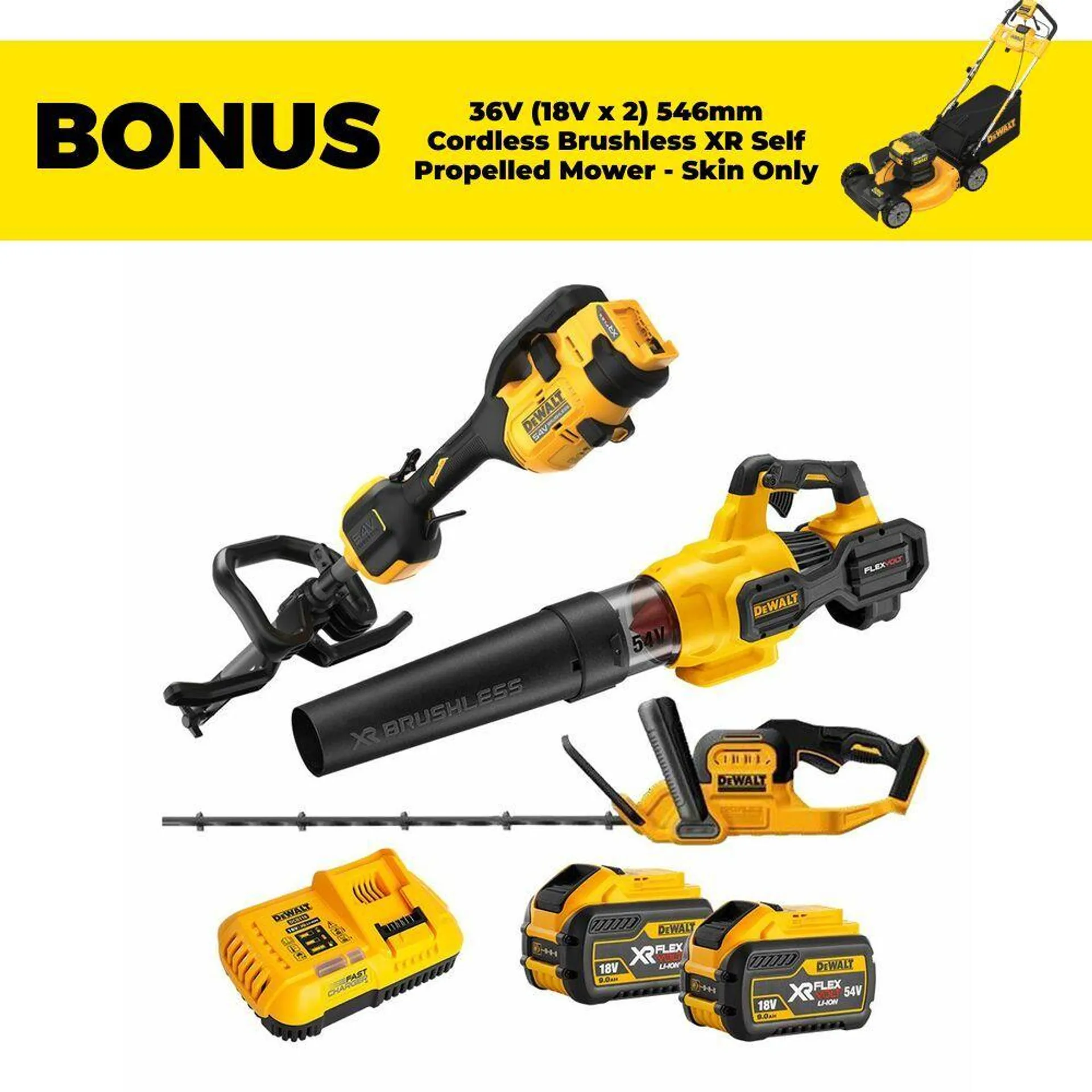 DeWalt DCZ35713X2-XE 54V XR Flexvolt 9.0Ah Cordless Brushless 3pce Outdoor Combo Kit