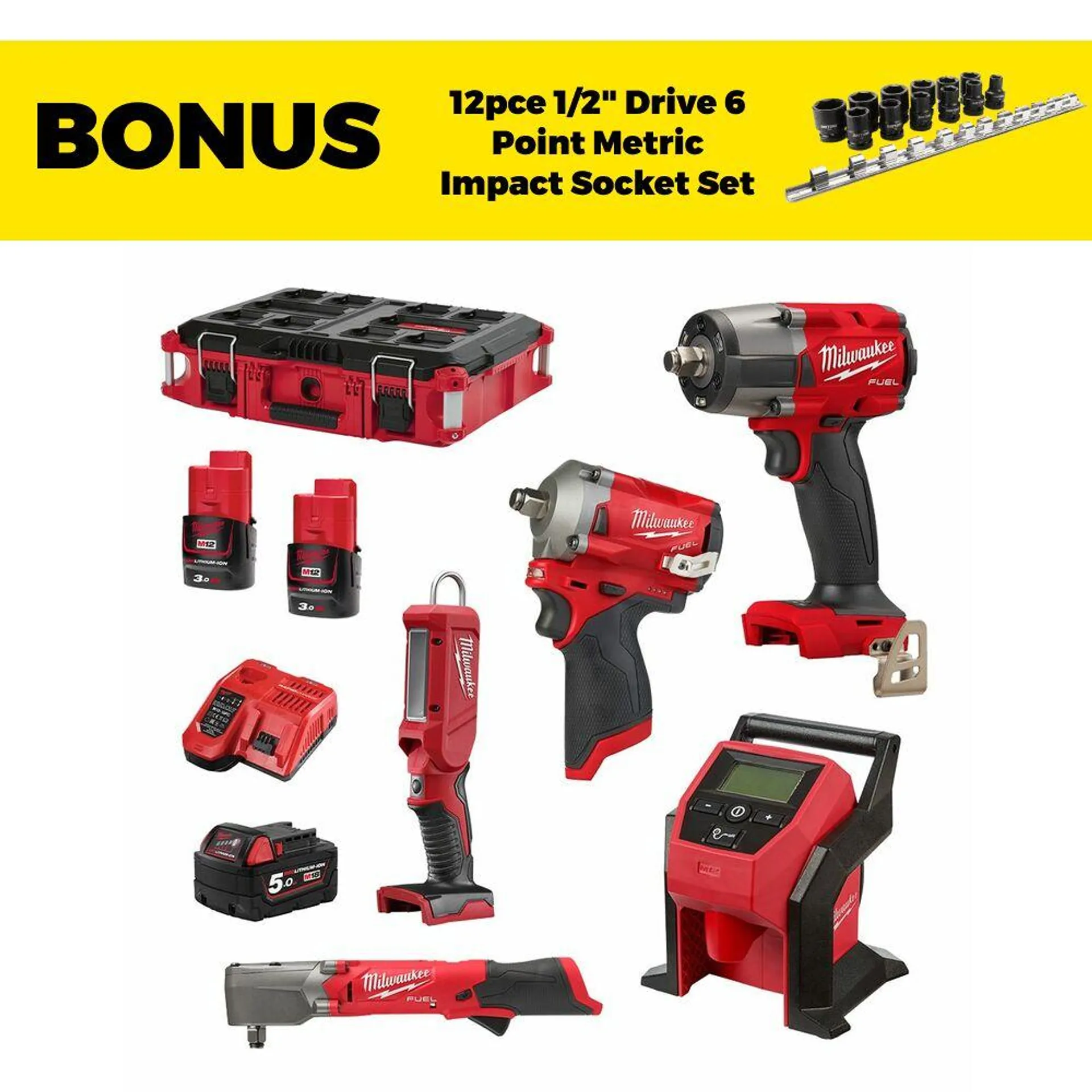 Milwaukee M18FPP5N533P 12V/18V 3.0Ah/5.0Ah Li-ion Cordless Fuel 5pce Combo Kit Power Pack