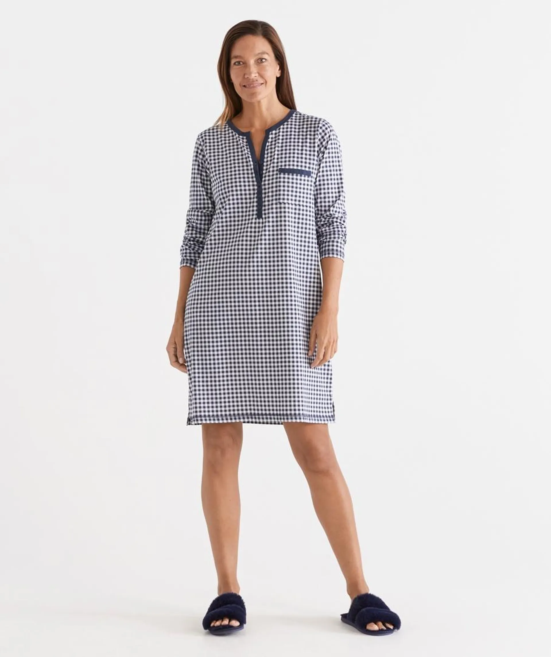 Australian Cotton Gingham Print Long Sleeve Placket Nightie