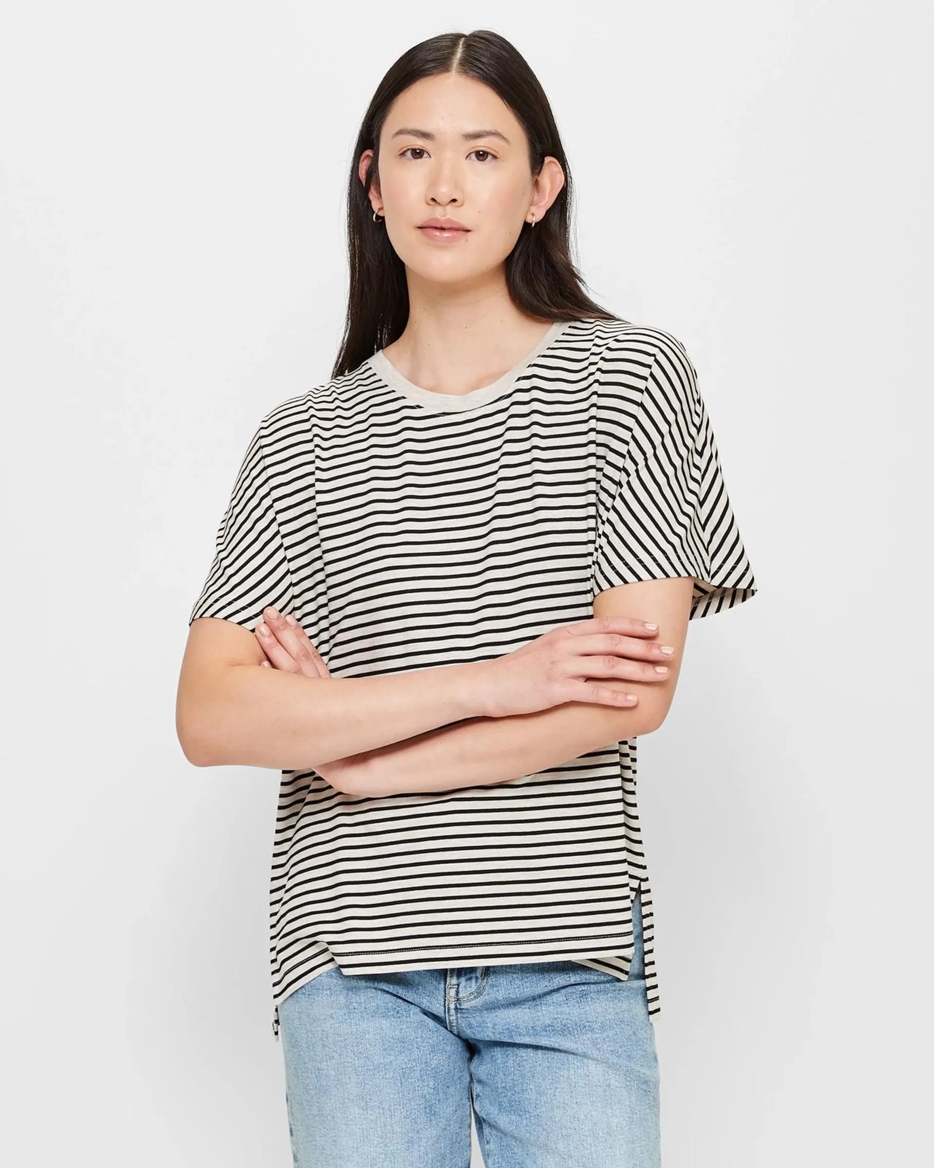 Slouchy Crew T-Shirt - Oatmeal/ Black Stripe