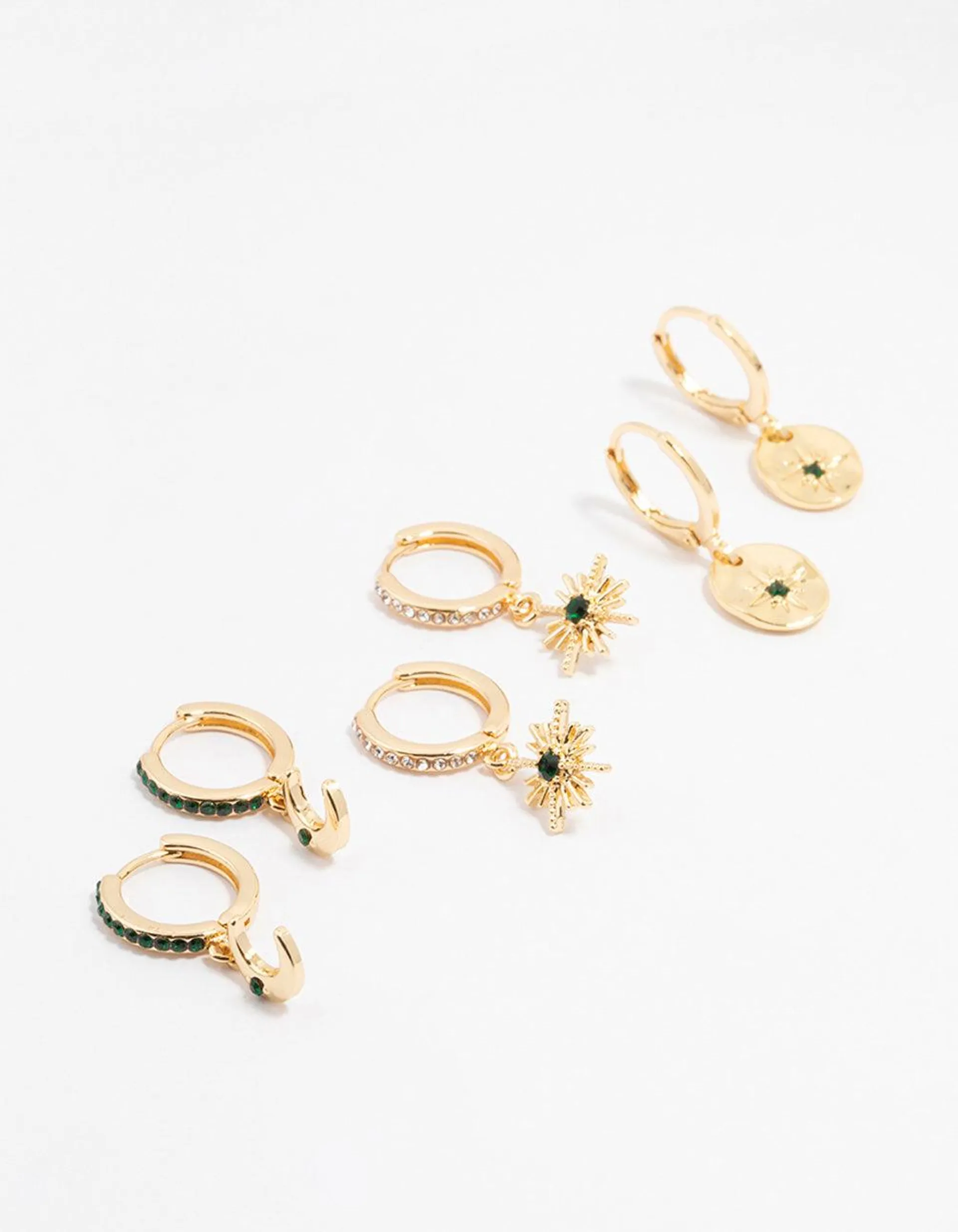 Gold Emerald Celestial Huggie Earrings 3-Pack