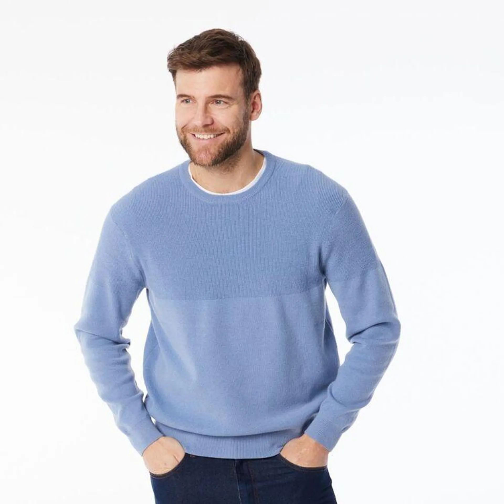 JC Lanyon Men’s Evans Part Way Rib Textured Crew Knit Dust Blue