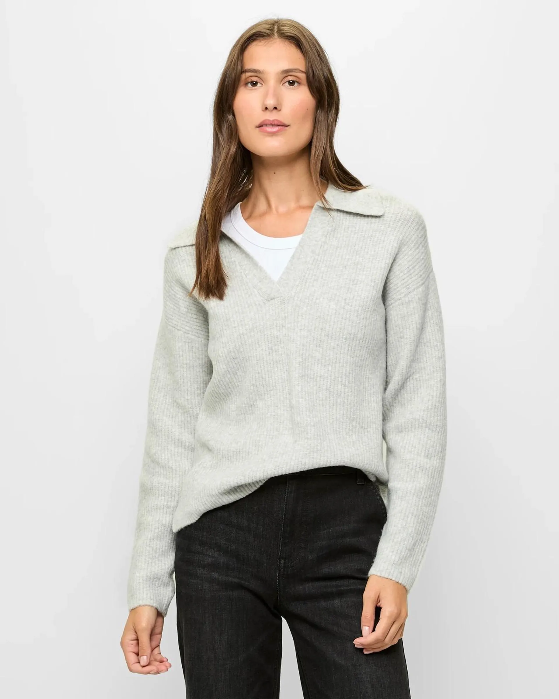Super Soft Fly Collar Jumper - Grey Marle