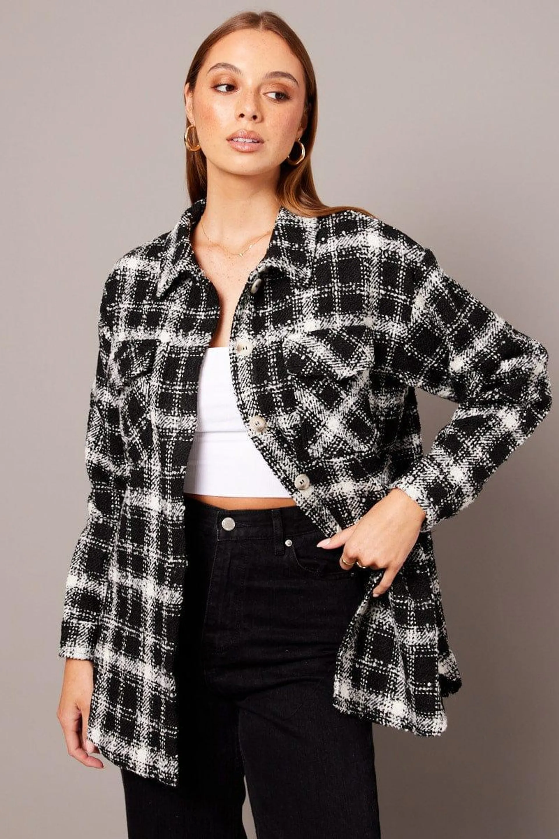 Black Check Relaxed Shirt Long Sleeve Shacket