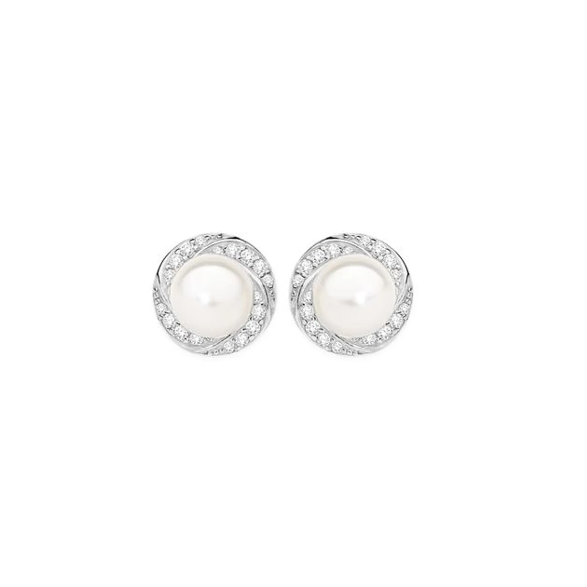 Silver Freshwater Pearl And Cubic Zirconia Twist Border Earrings