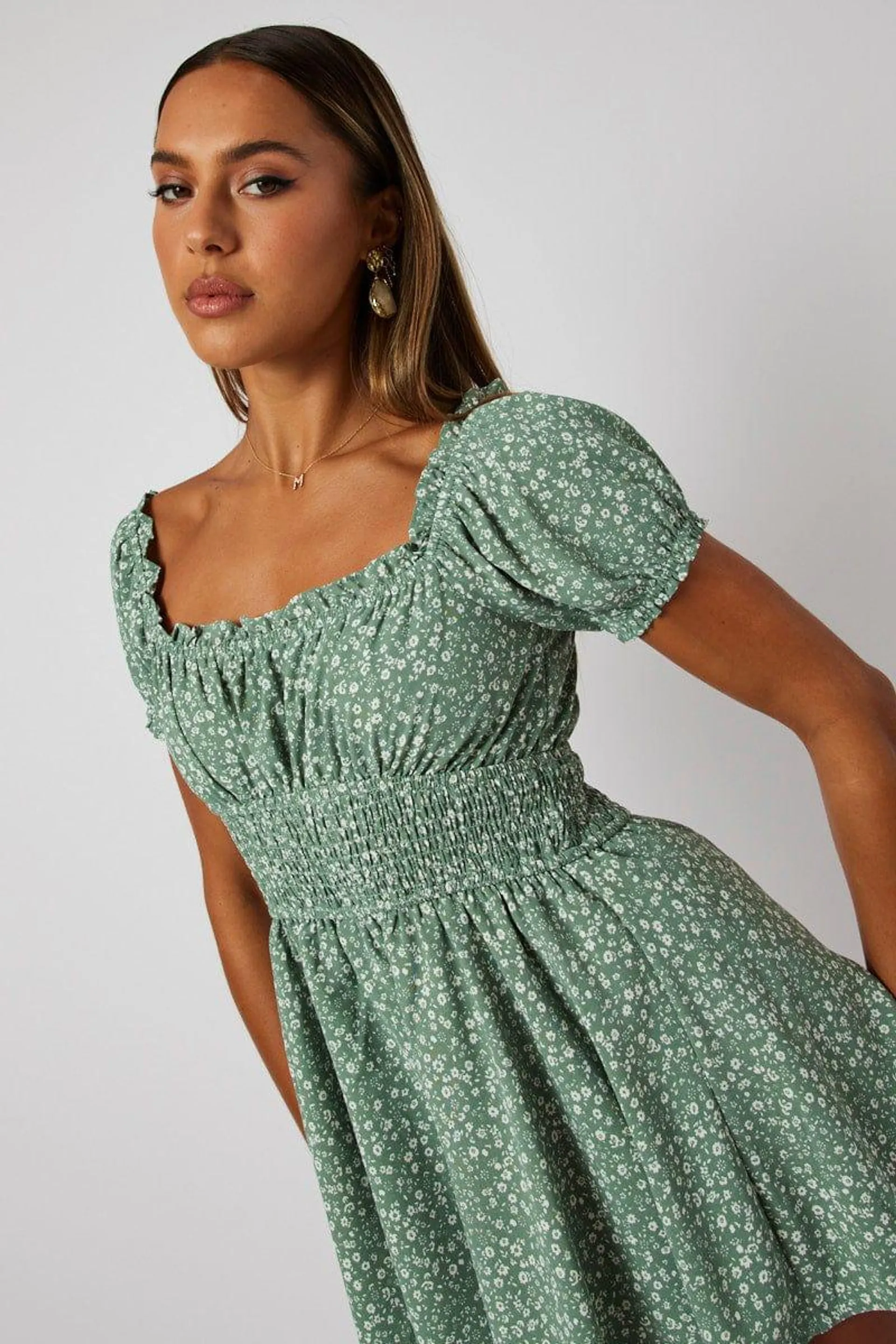 Green Ditsy Ruffle Playsuit Short Sleeve