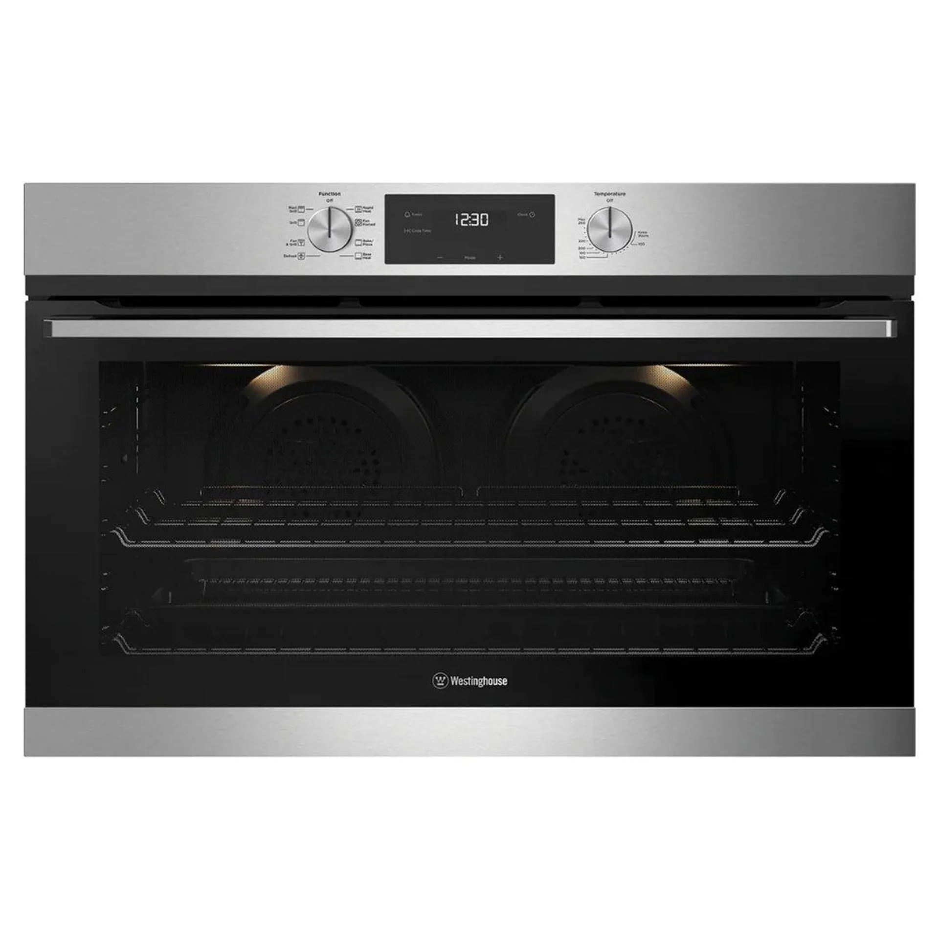 Westinghouse 90cm multi-function 8 stainless steel oven with twin fan, fast heat up, programmable timer, and 125L WVE9515SD