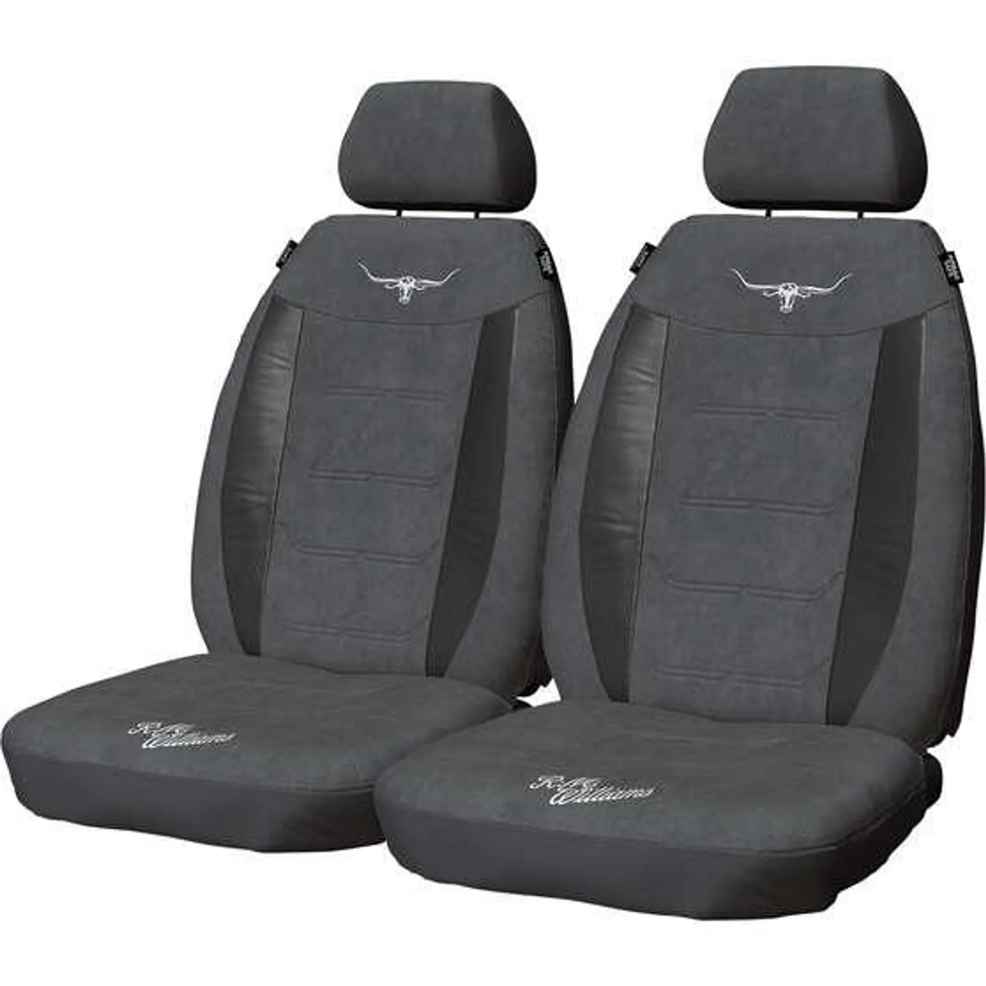 R.M.Williams Suede Velour Seat Covers Grey Adjustable Headrests Size 30 Front Pair Airbag Compatible