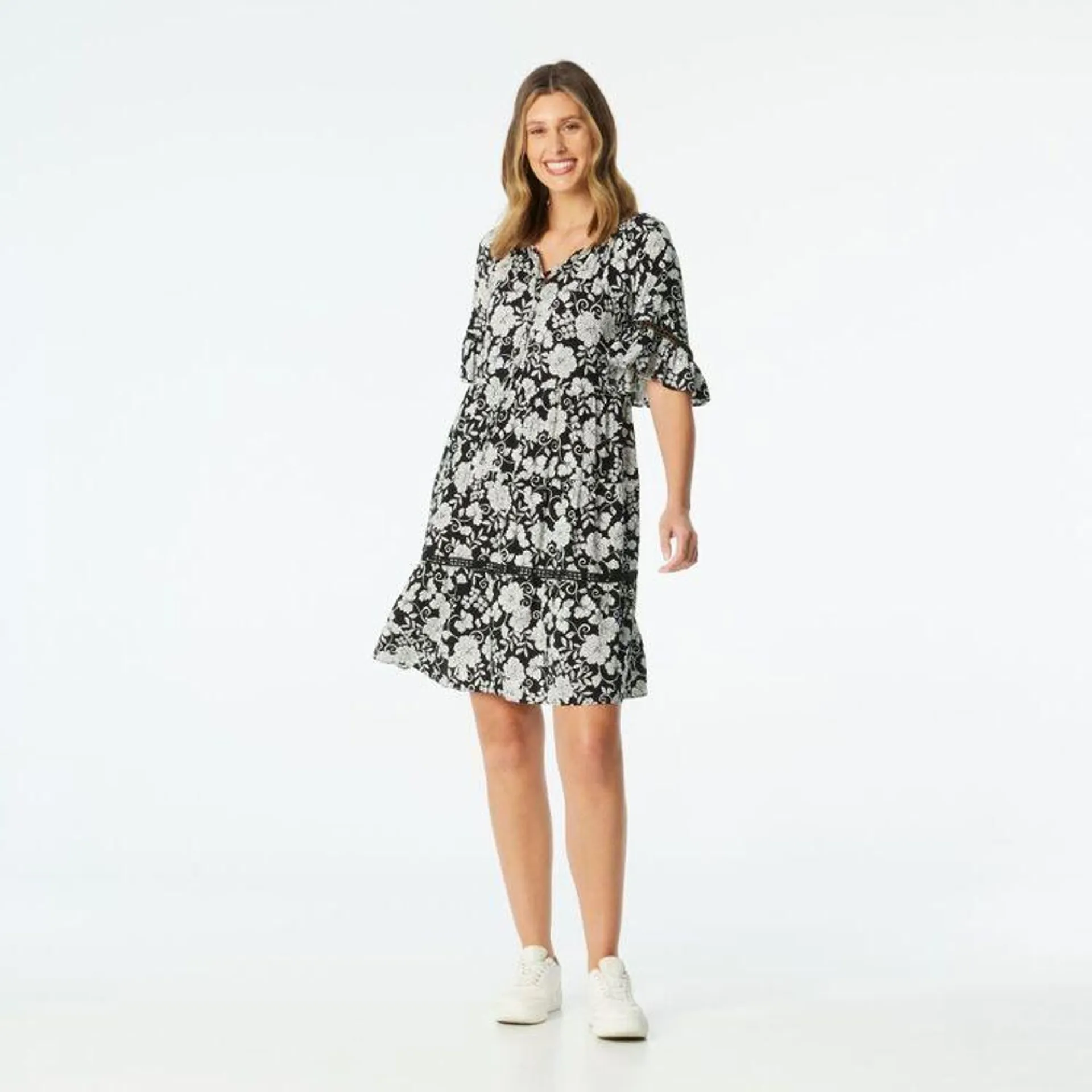 Khoko Collection Women's Viscose Flounce Dress Black & Print