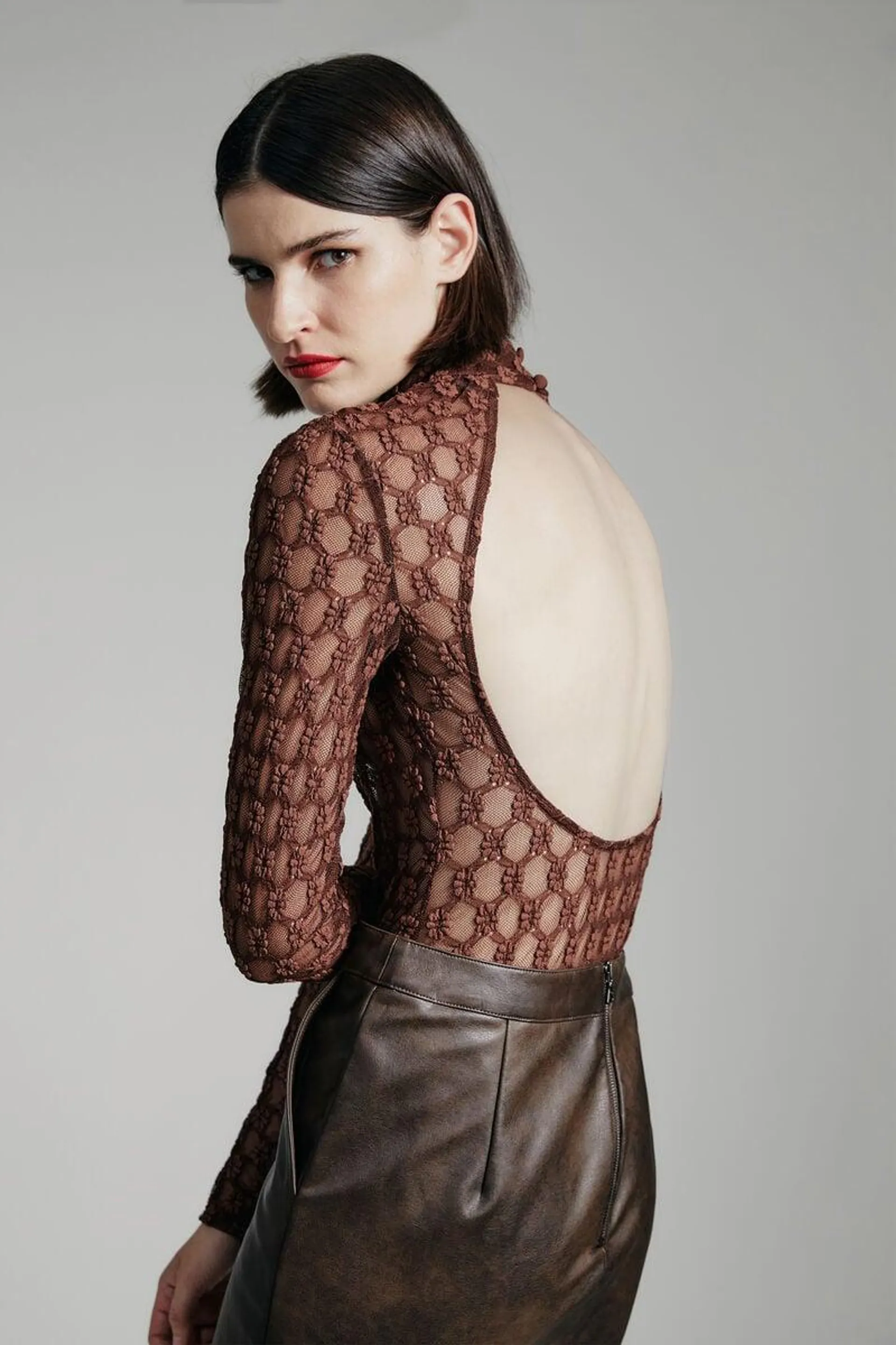 adoni backless mesh bodysuit in chocolate