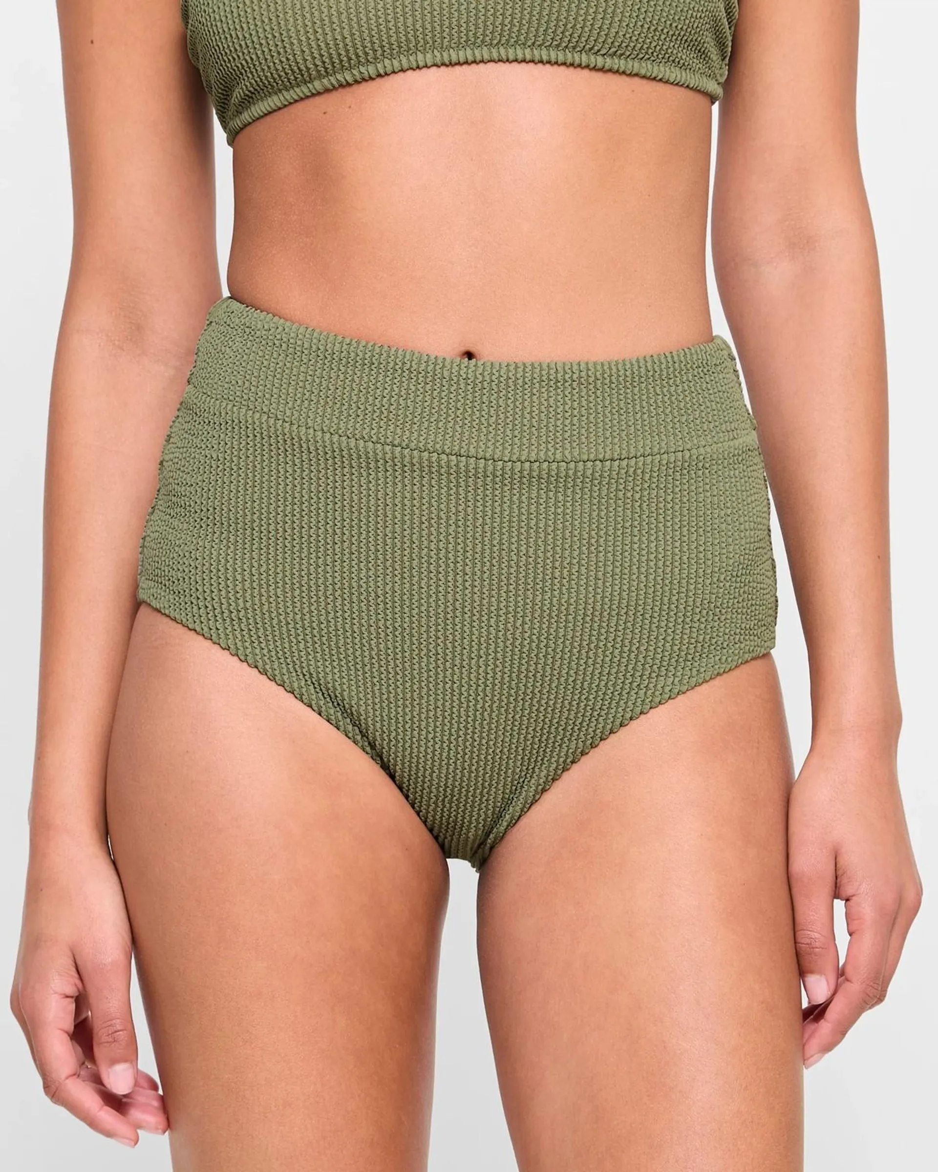 Crinkle High Waisted Swim Bikini Briefs - Olive Green