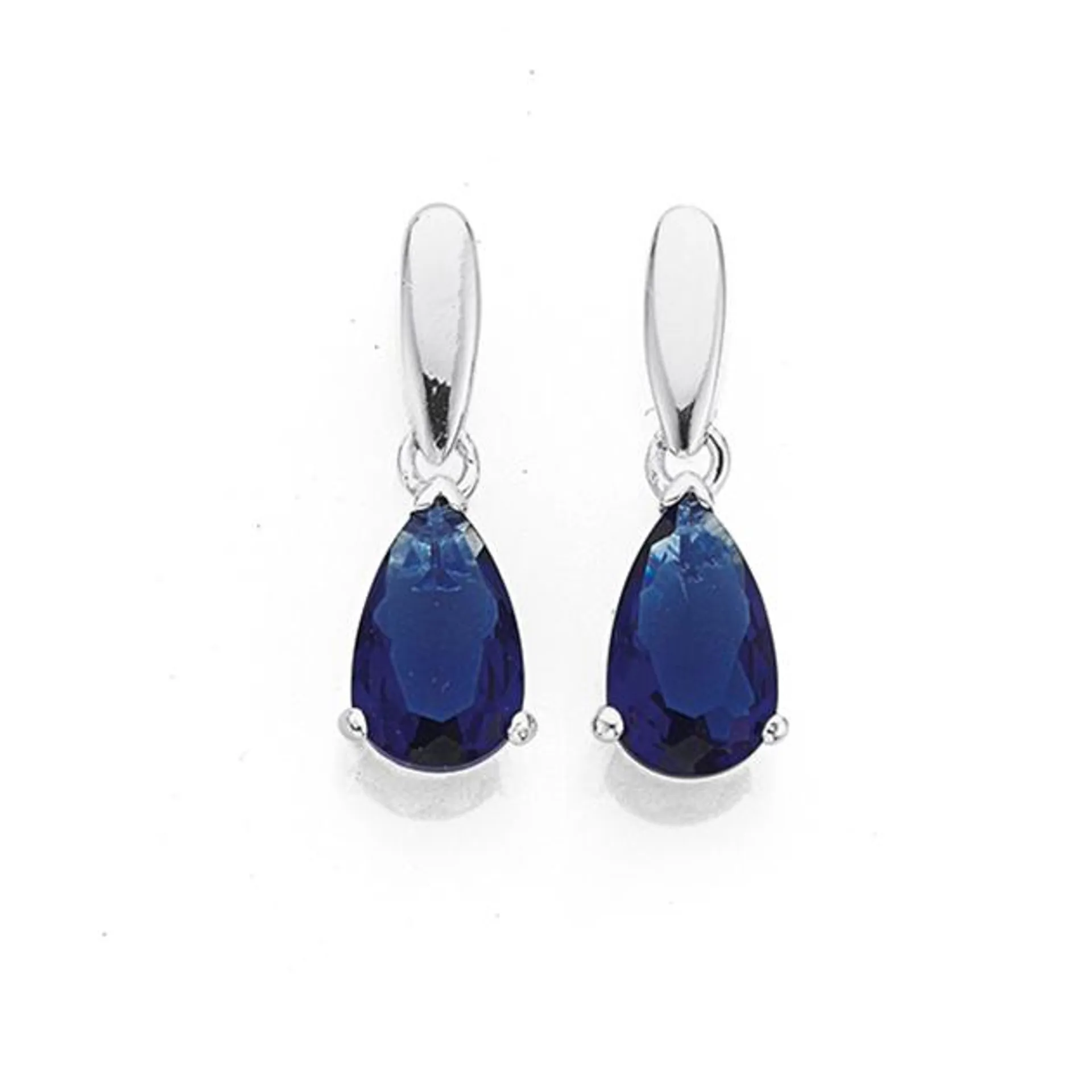 Silver Pear Dark Blue CZ On Bar Drop Earrings