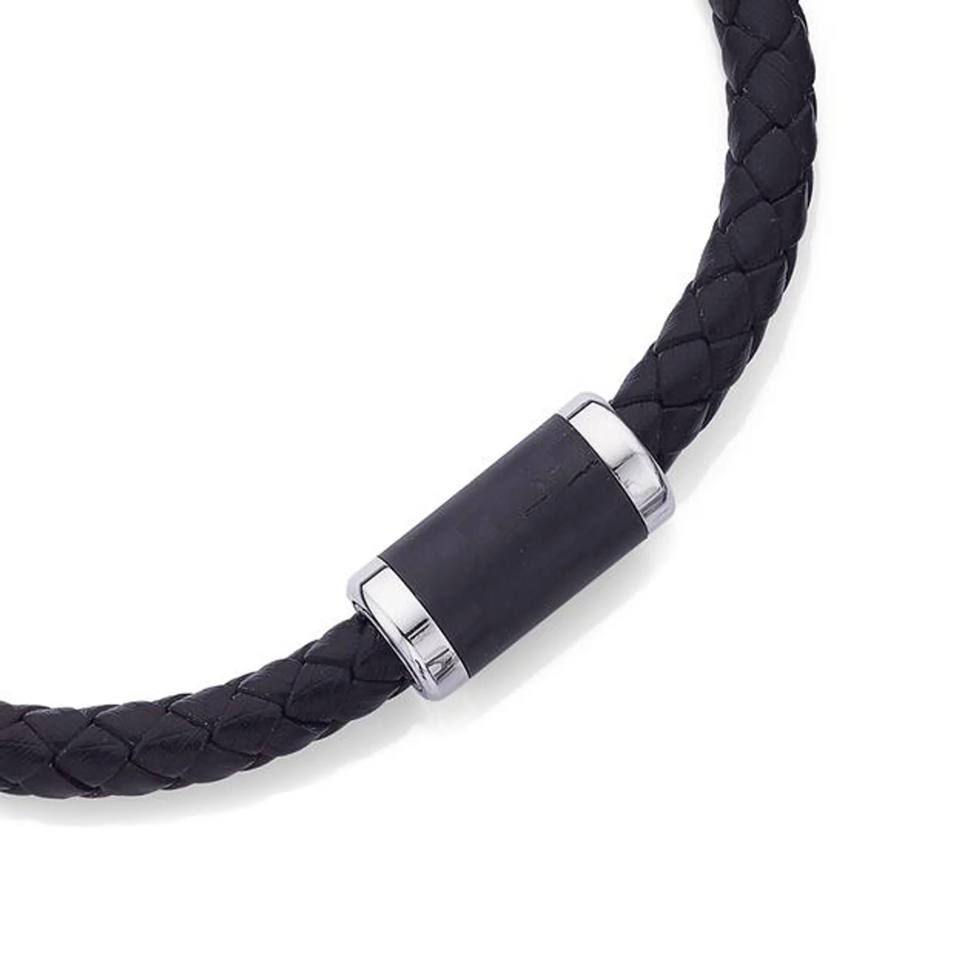 Stainless Steel 21.5cm Plait Leather with Black Clip Bracelet