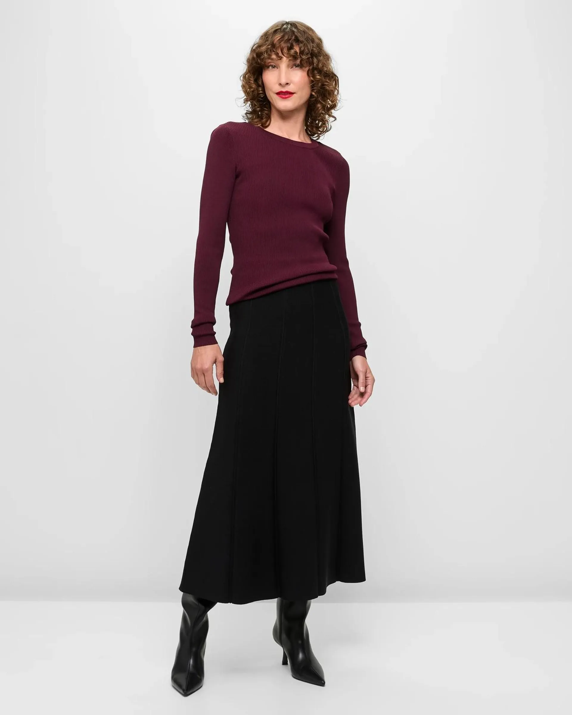 Crepe Knit Detail Midi Skirt - Preview - Black
