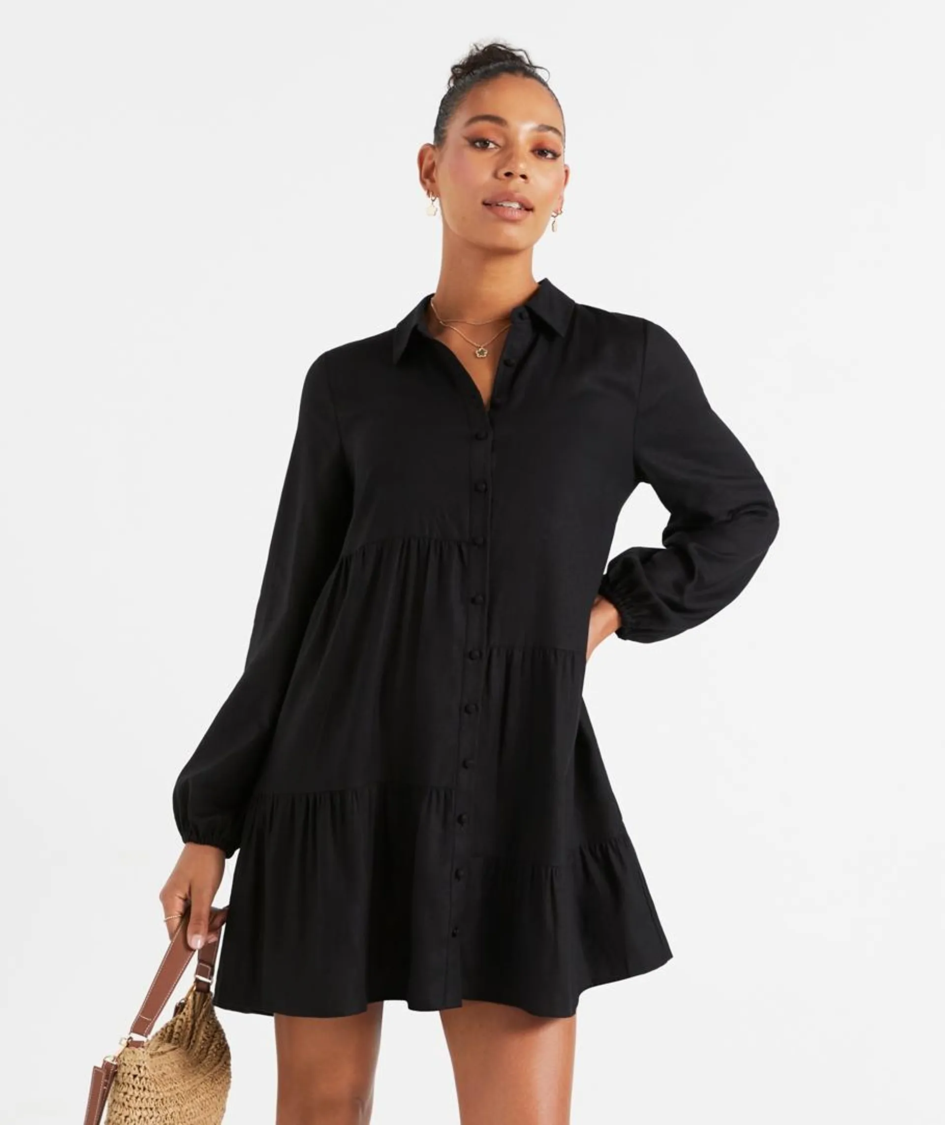 MILA LINEN BLEND TIERED MINI DRESS