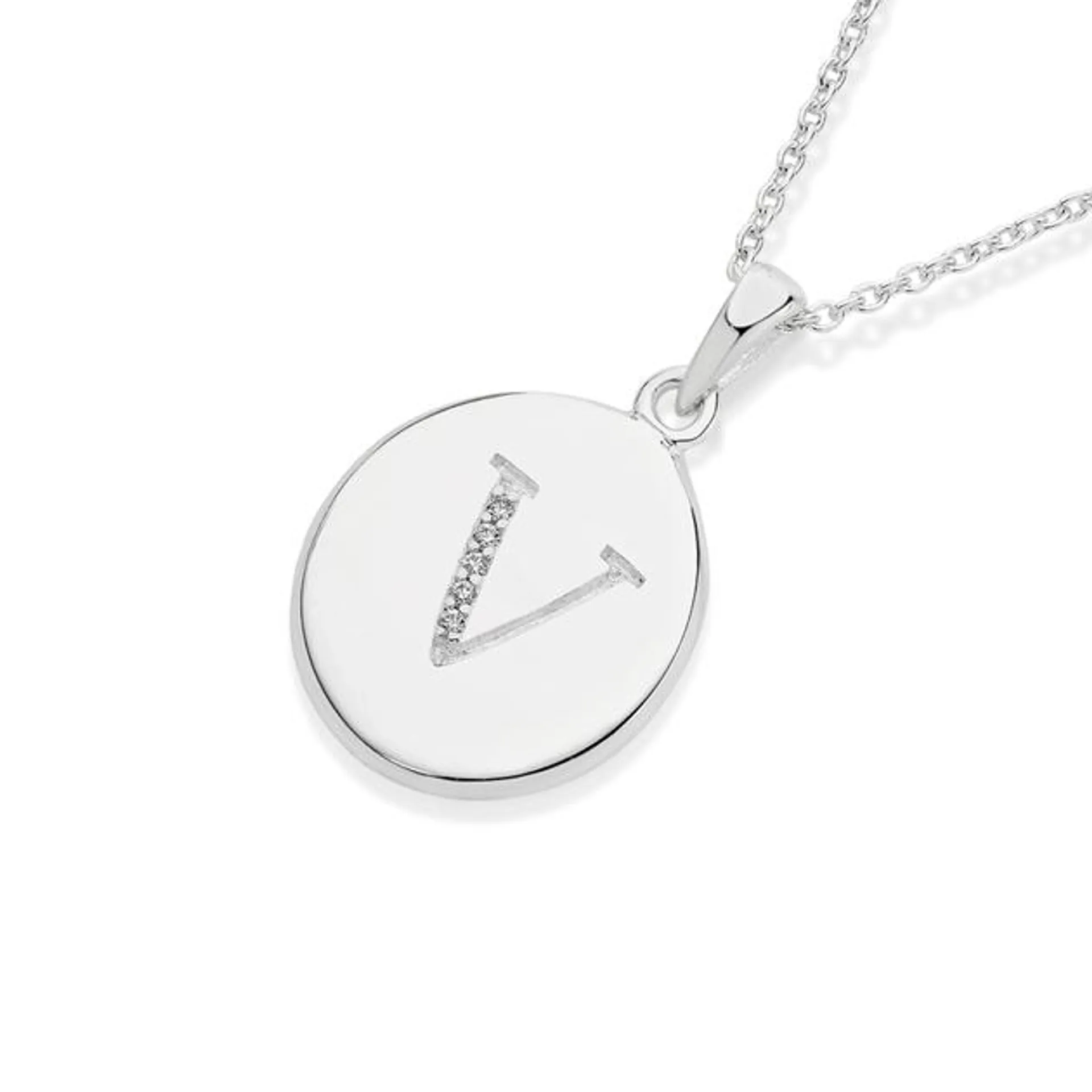 Silver CZ Initial V on Disc Pendant