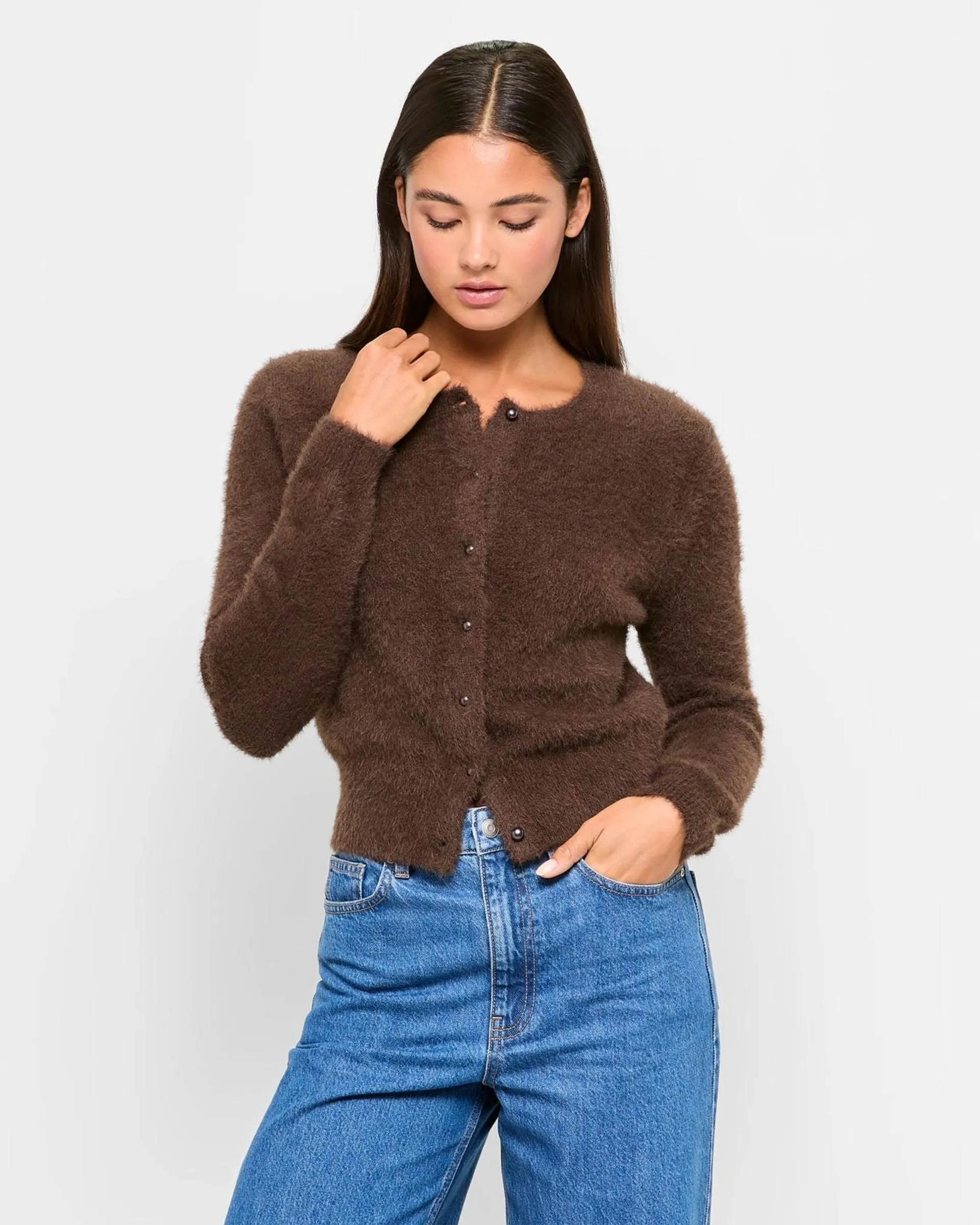 Fluffy Button Front Cardigan - Lily Loves - Bracken