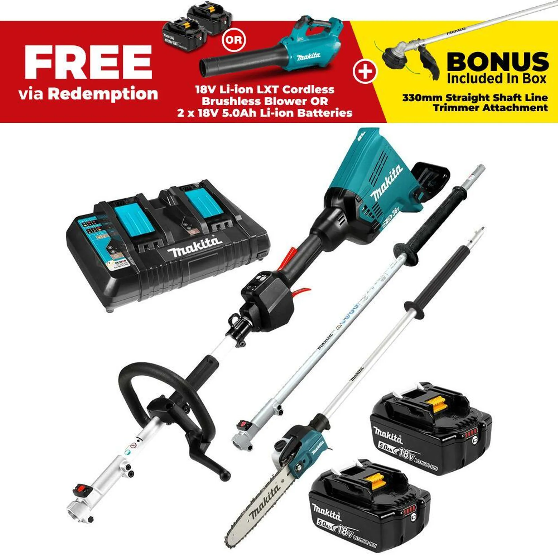 Makita DUX60PSPT2-B 36V (18V x 2) 5.0Ah Li-Ion Cordless Brushless Multi Function Power Head Combo Kit with Attachments