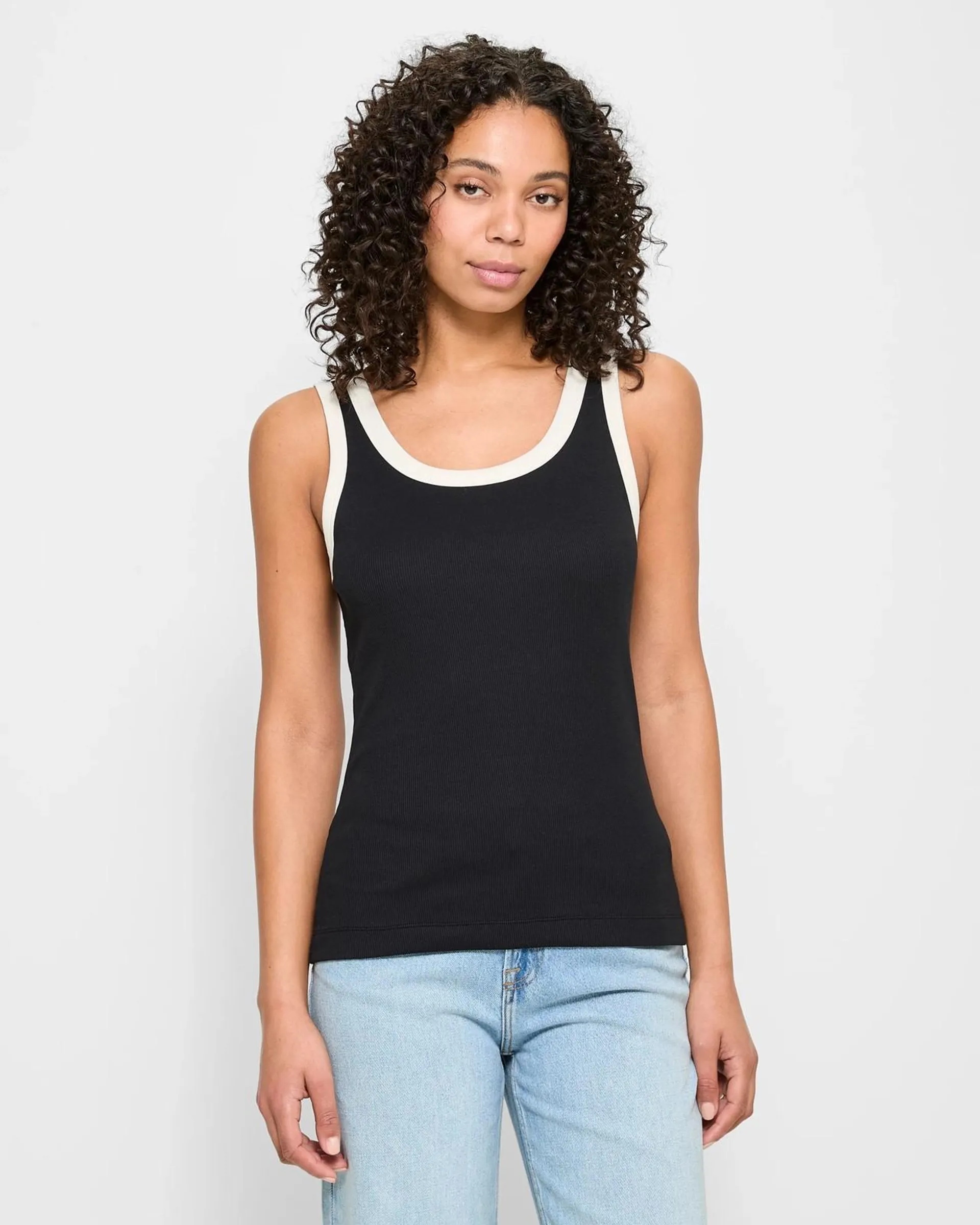 Australian Cotton Rib Tank Top - Black / Ecru