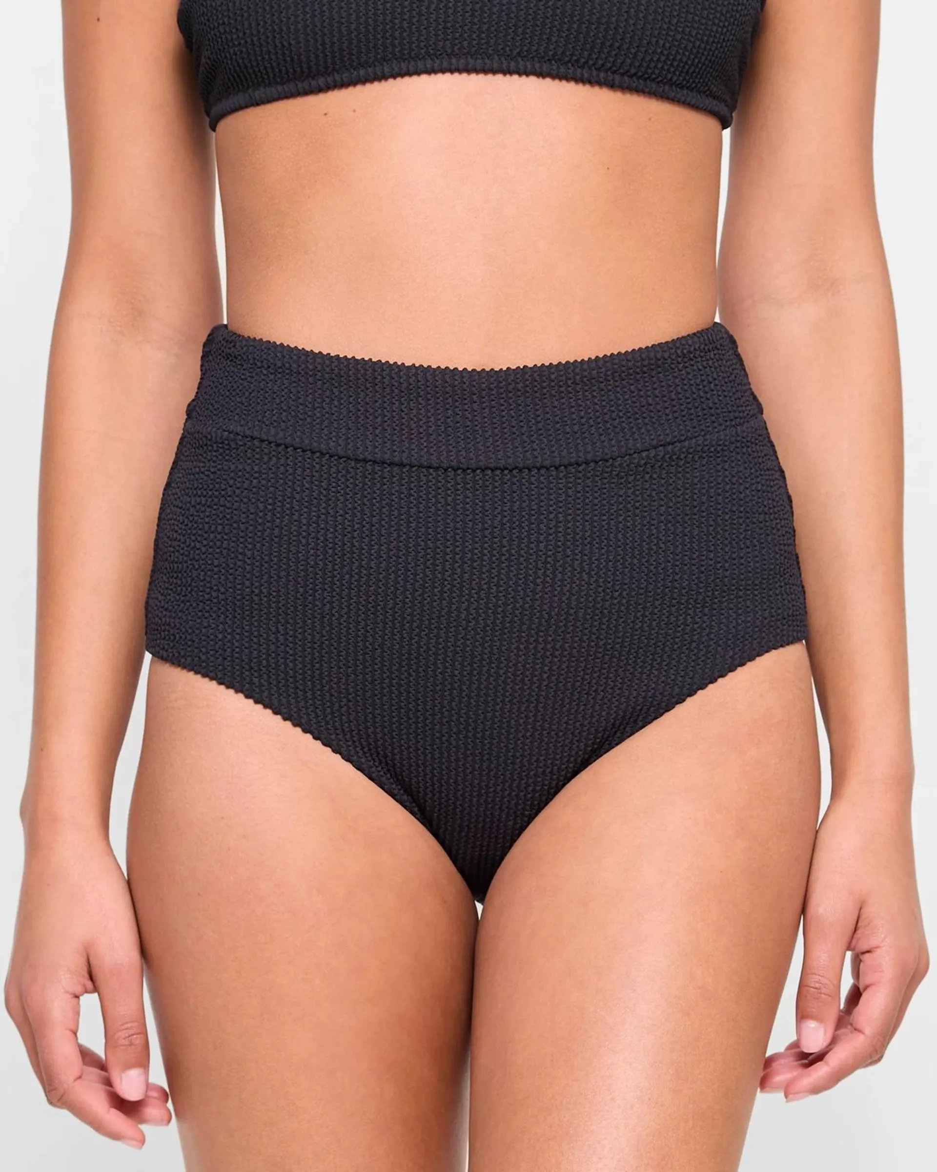 Crinkle High Waisted Swim Bikini Briefs - Black