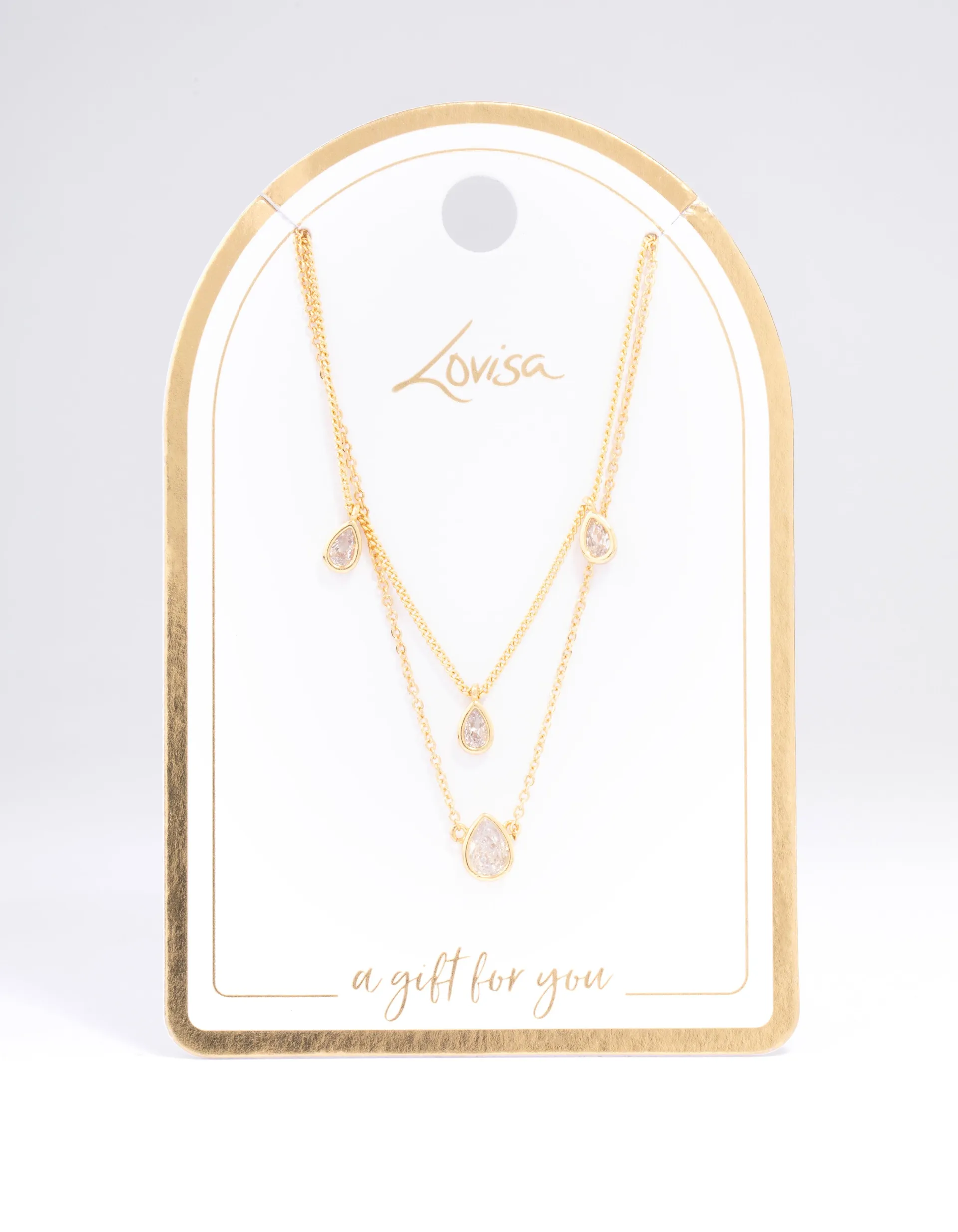 Gold Plated Cubic Zirconia Teardrop Layered Necklace