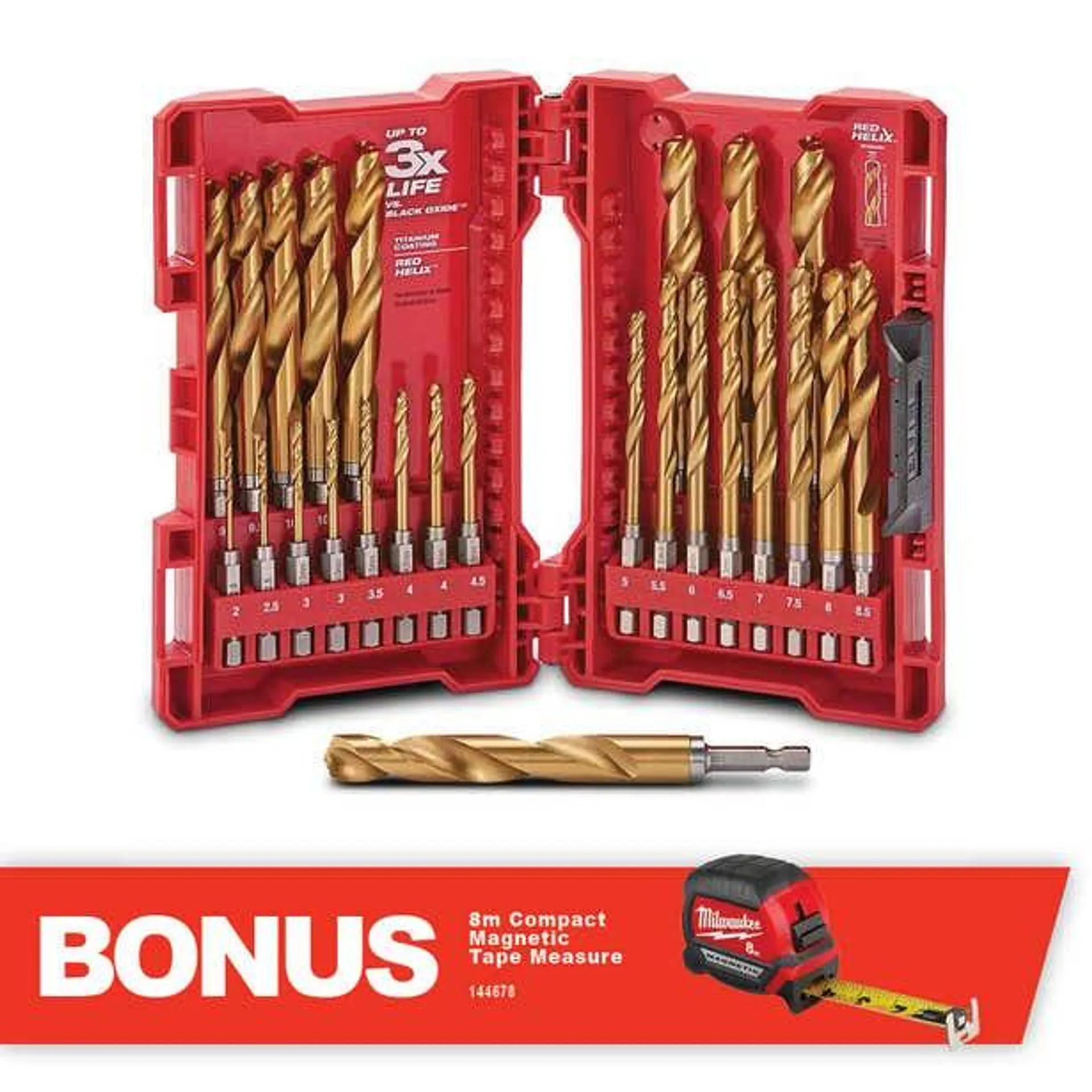 MILWAUKEE 2-13mm Metric 1/4-Hex Quick-Change HSS-TiN Jobber Drill Bit Set - RED-HELIX - 25 Piece 48894861