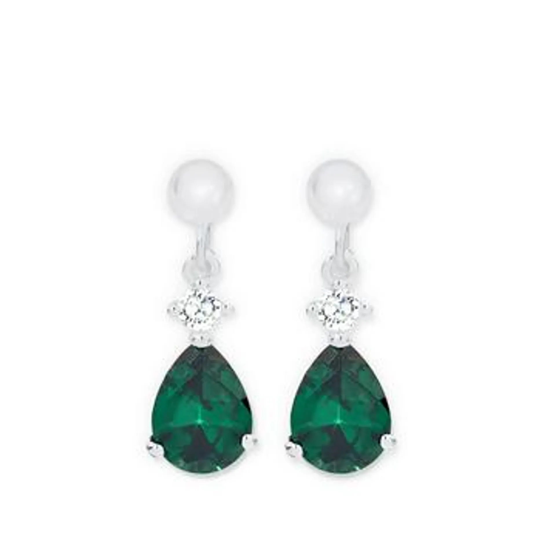 Silver Pear Dark Green CZ Drop Earrings