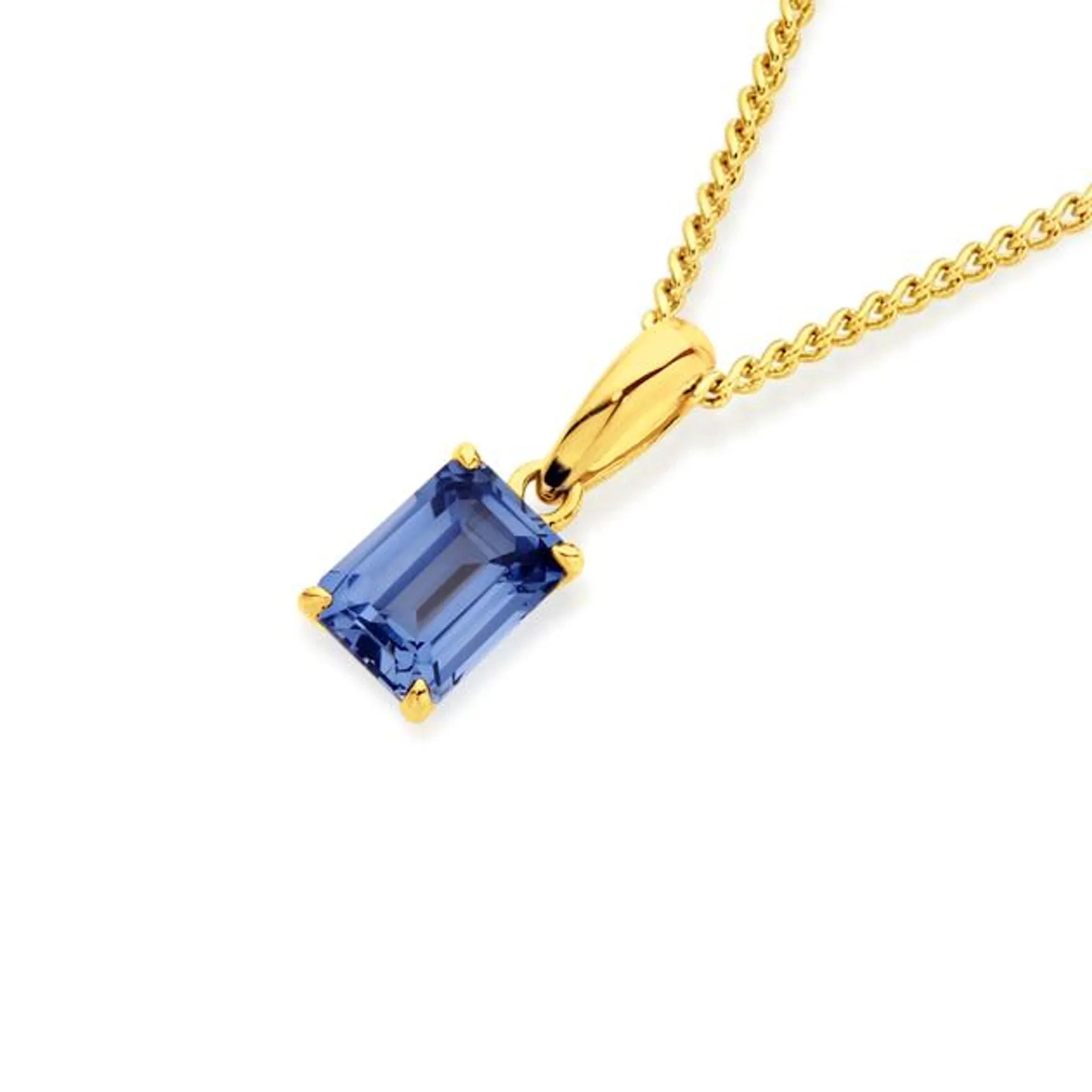 9ct Gold Created Ceylon Sapphire Emerald Cut  Pendant