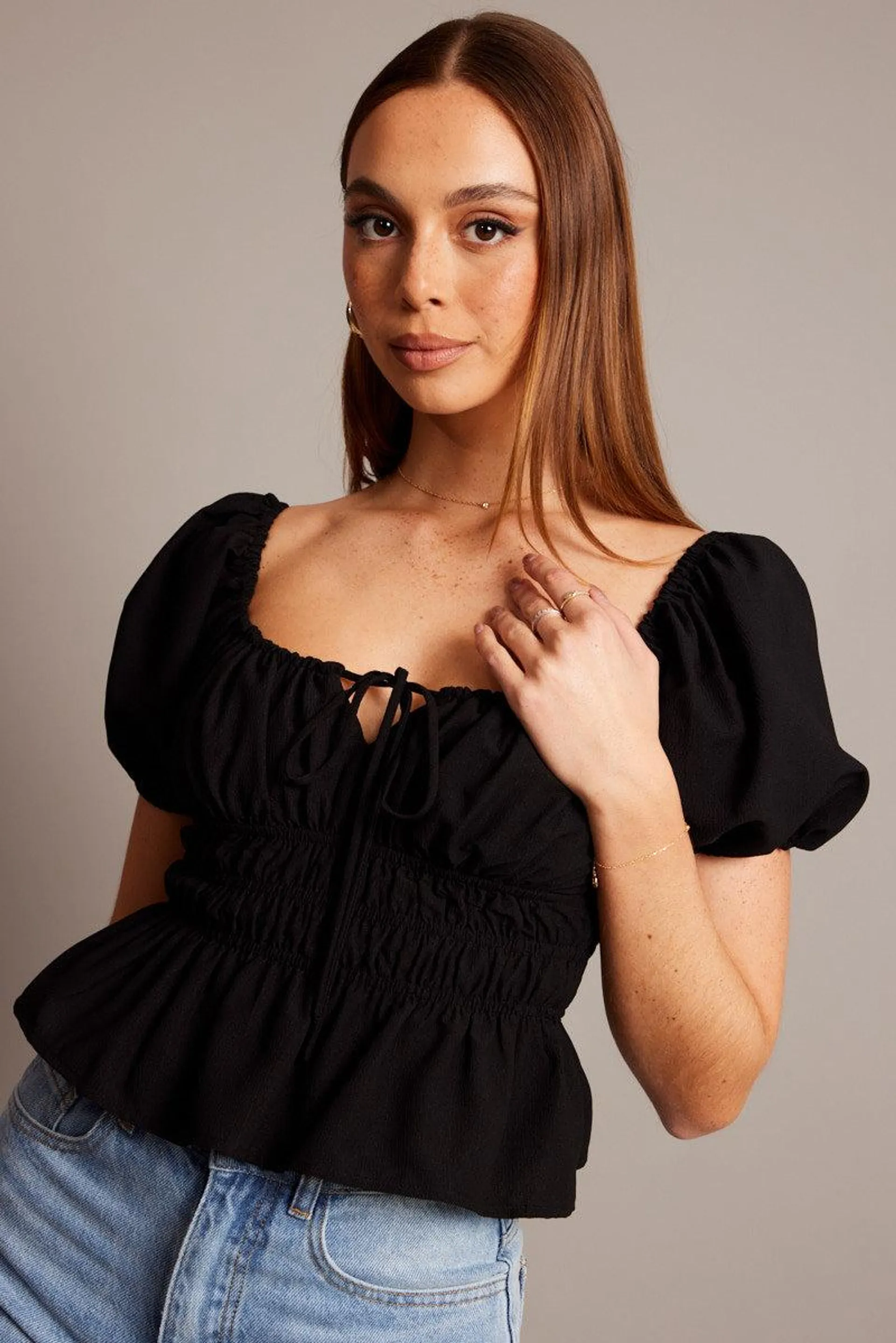 Black Peplum Top Short Sleeve Ruched