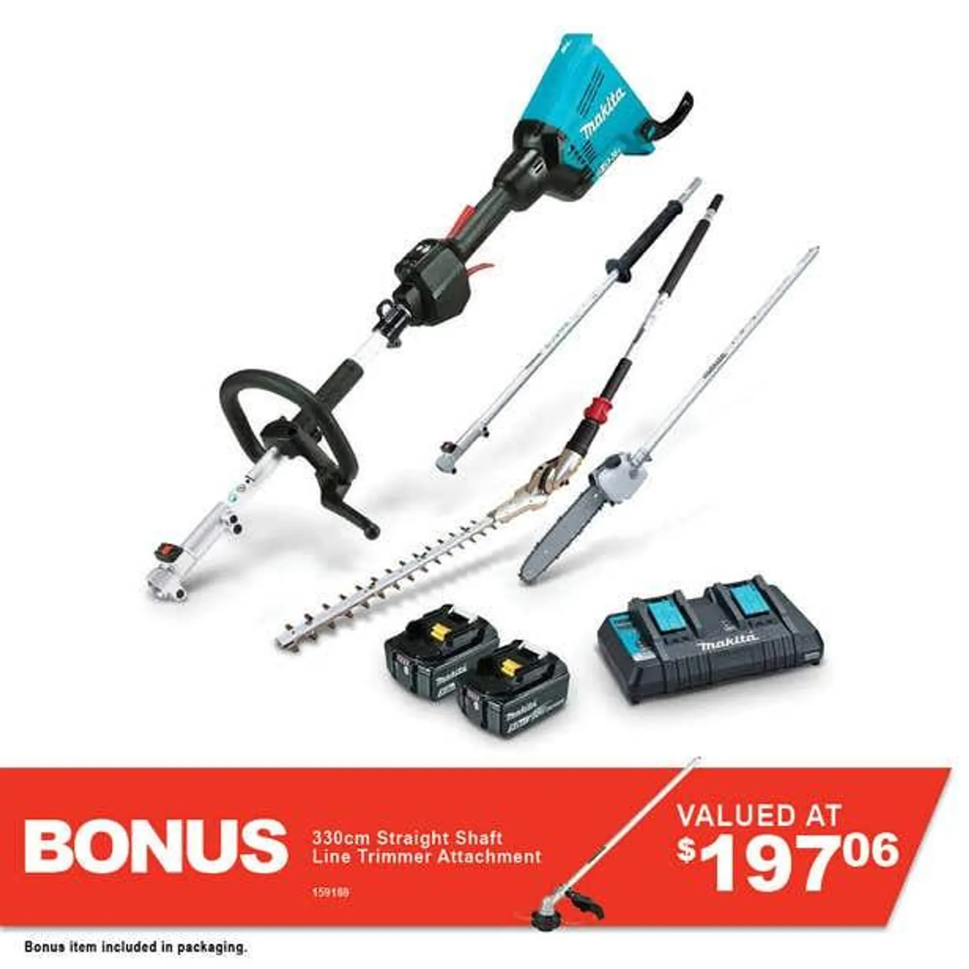 MAKITA 36V 2 x 5.0Ah Brushless Multi-Function Powerhead, Pole Saw & Hedge Trimmer Kit DUX60PSHPT2-B