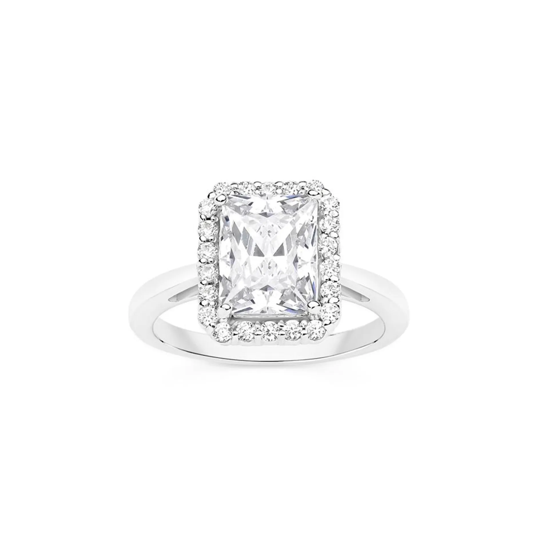 Silver Square & Frame CZ Cluster Dress Ring Size=O